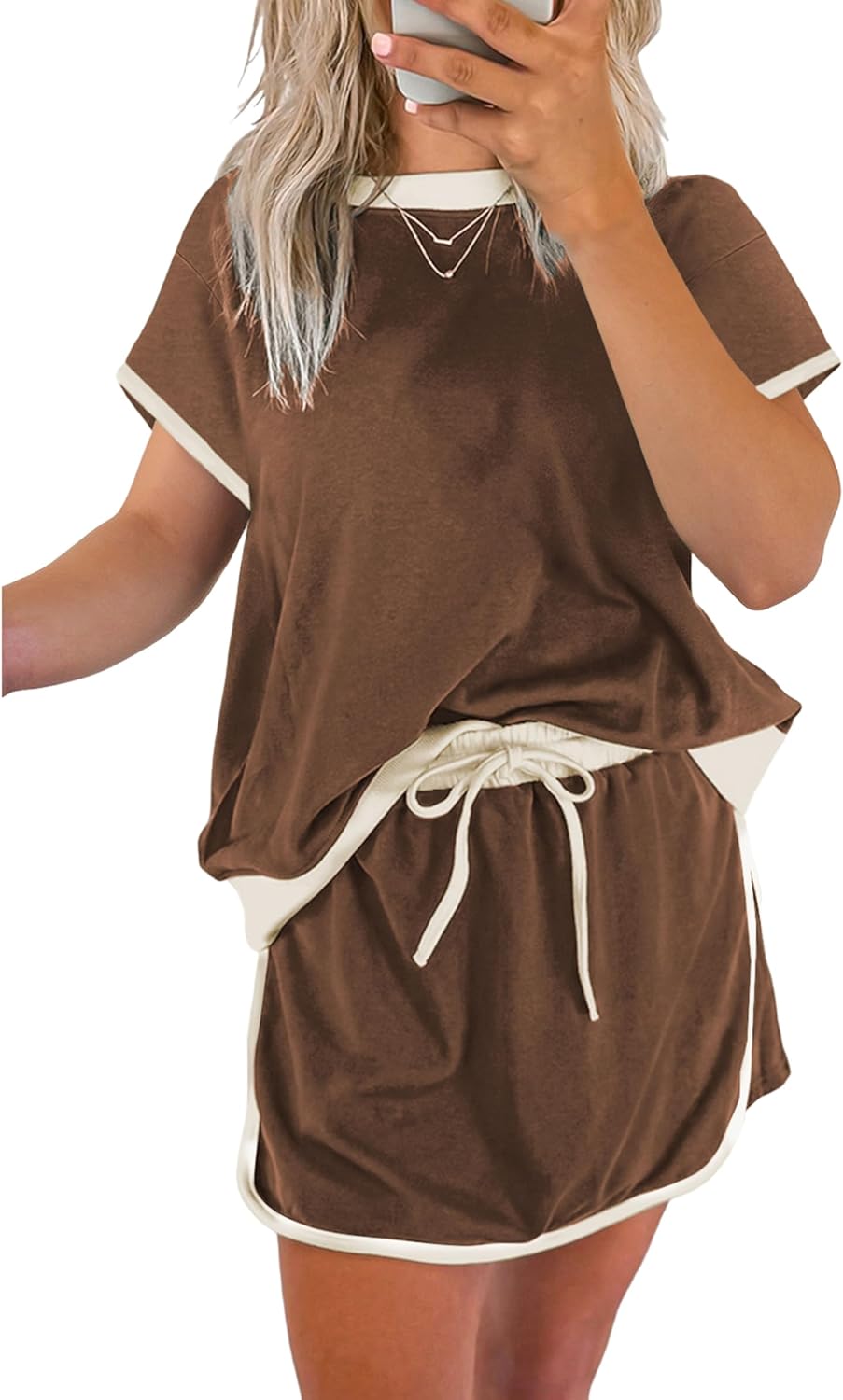 SELINK Lounge Sets for Women 2 Piece Skirt Colorblock Drop Shoulder T Shirt and Skort Set Summer Tracksuits