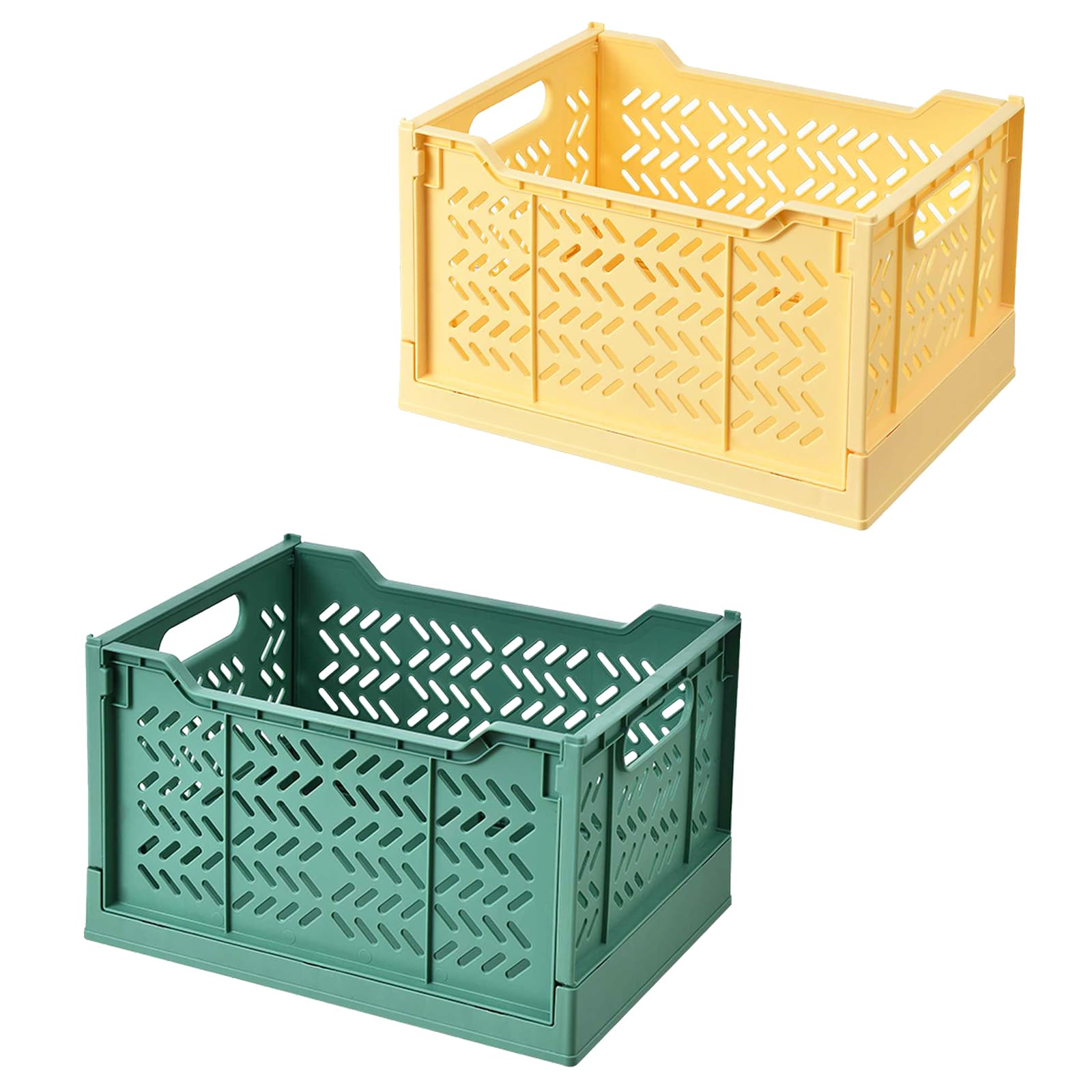 Spesh 2 Pcs Large Collapsible Storage Crates Stackable Plastic Storage Baskets Foldable Crate Boxes for Kitchen, Living Room, Bedroom(Dark green+yellow)