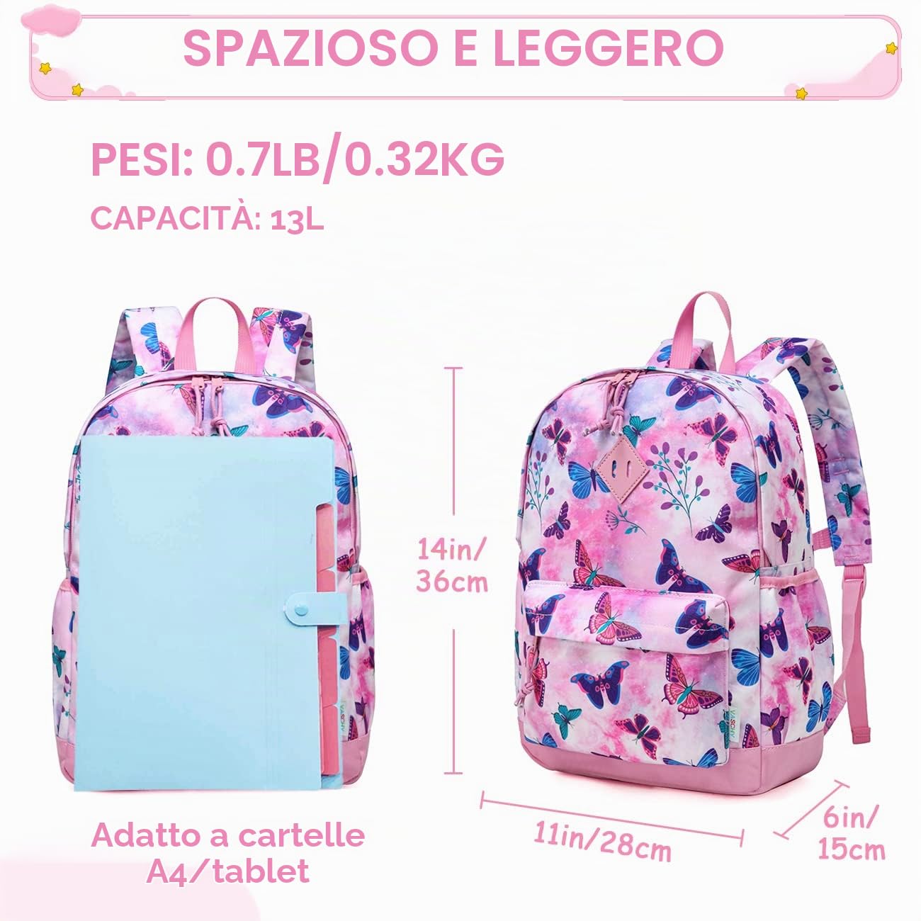 VASCHY Zaino Bambina, Zaino Scuola Elementare Bambina Leggera Zainetto Asilo Bambino Zaino Grande Zaino Bimba Ragazza Con Fascia Toracica Zaino da Viaggio Regali