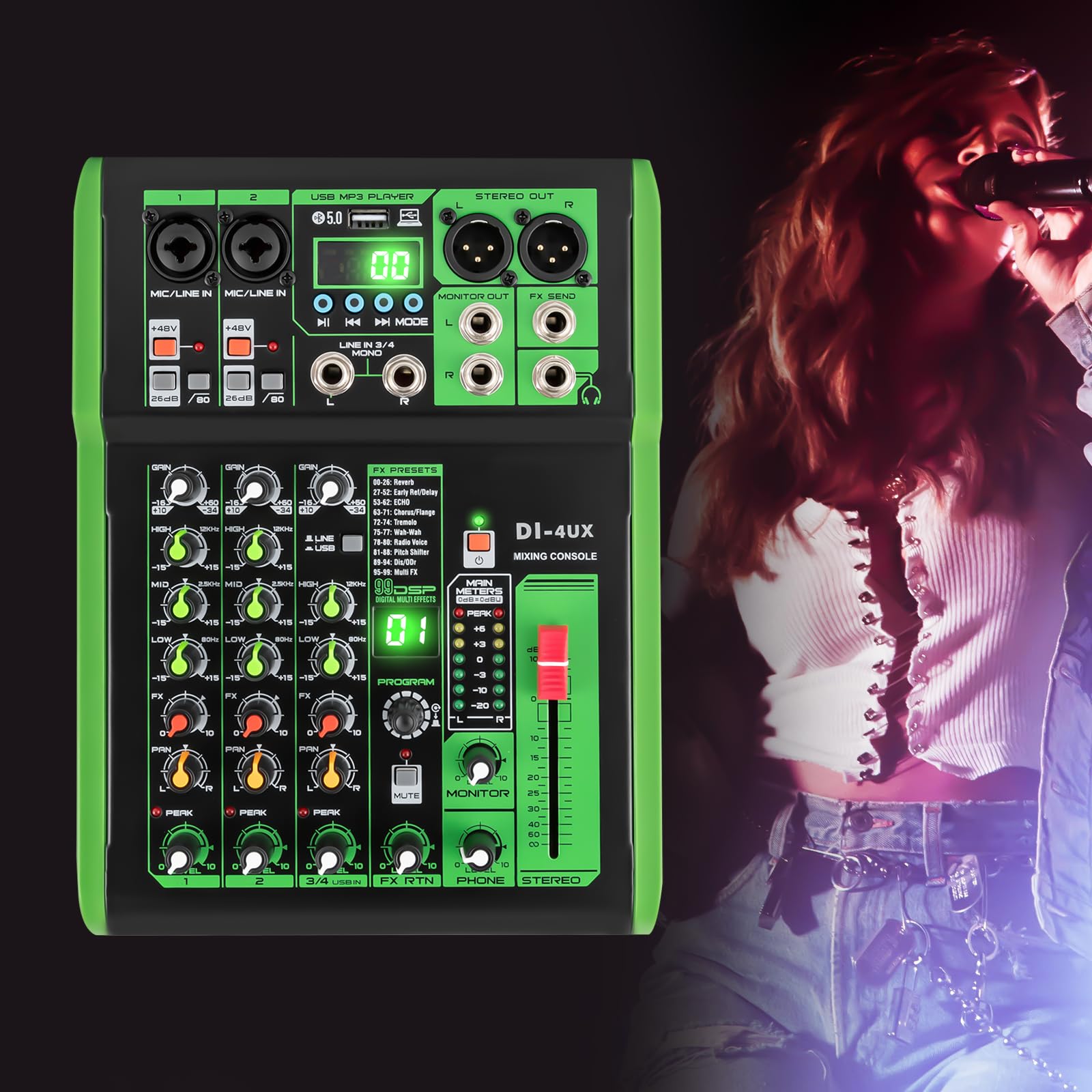 Mixer audio professionale, alimentazione phantom, preamplificatore per microfono, serie DI-4UX, verde, 19,3 x 26 x 4,5 cm