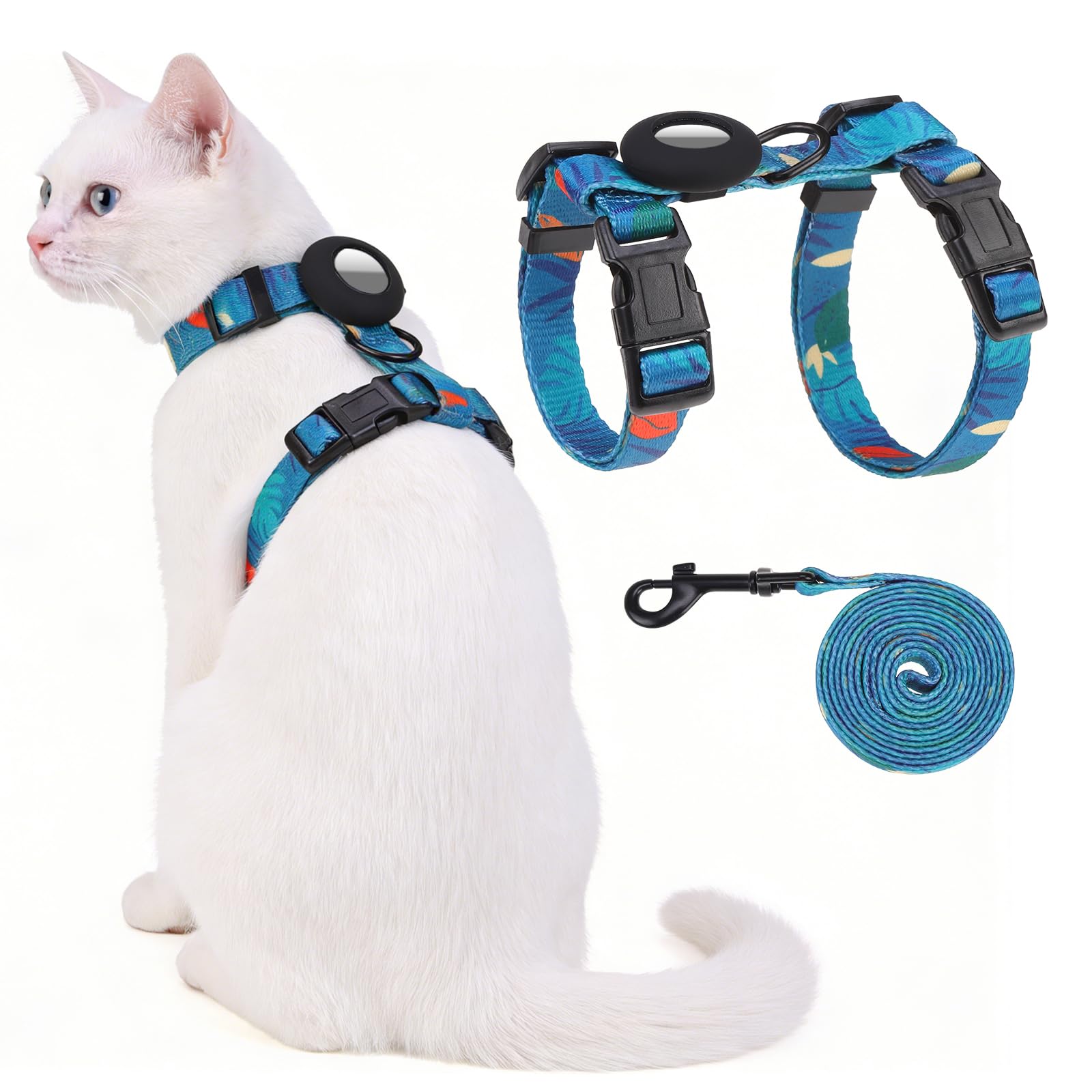 VKPETFR Cat Harness and Leash Set with Airtag Holder for Walking & Travelling, Escape Proof Cat Harness for Small Medium Large Kitten, Adjustable Lightweight Soft Cat Vests(Green Print)