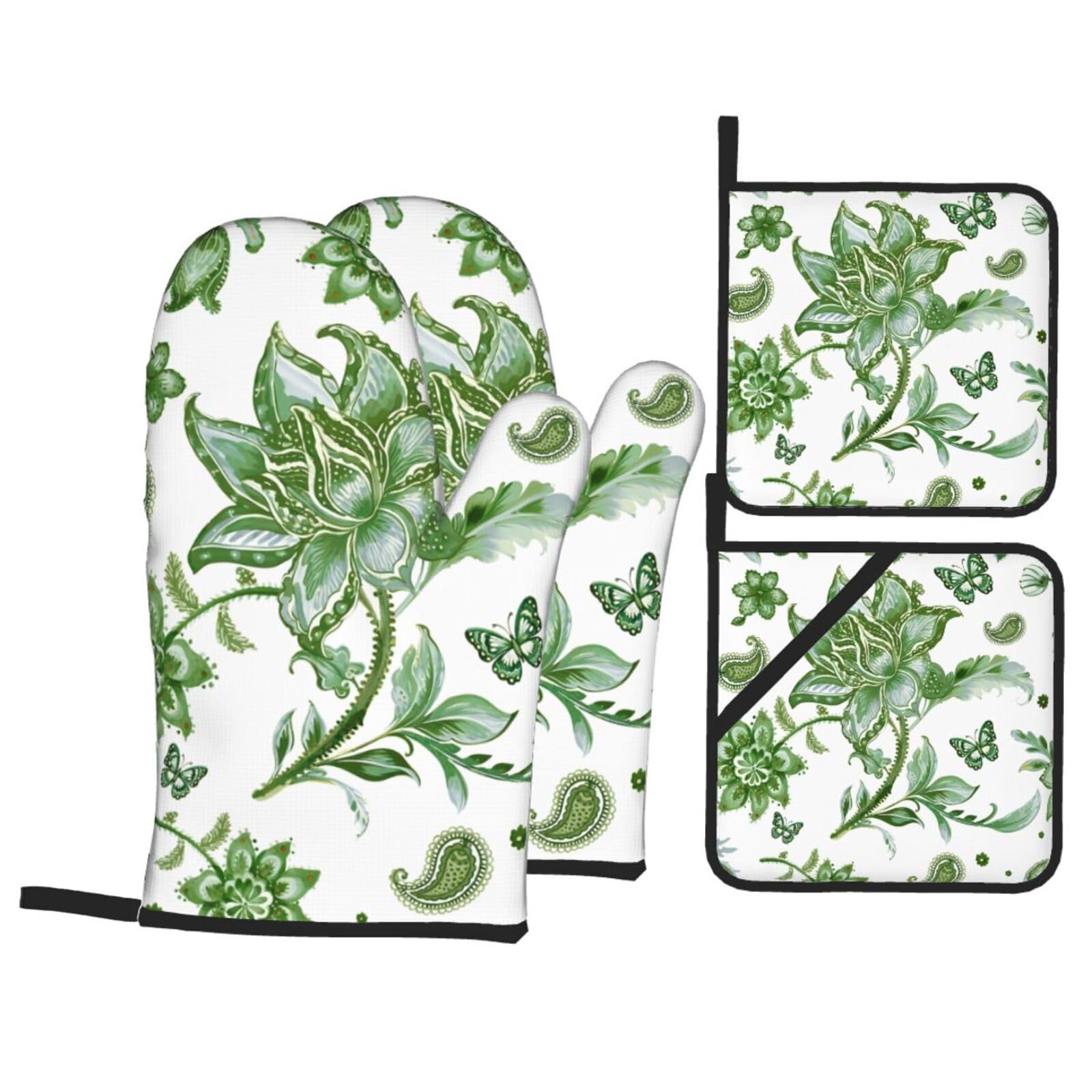 Green Floral Oven Mitts and Pot Holders Sets - White Farmhouse Kitchen Mitts Potholders 4 Pack Heat Resistant Vintage Botanical Oven Gloves Hot Pads for Kitchen Baking Grilling Party