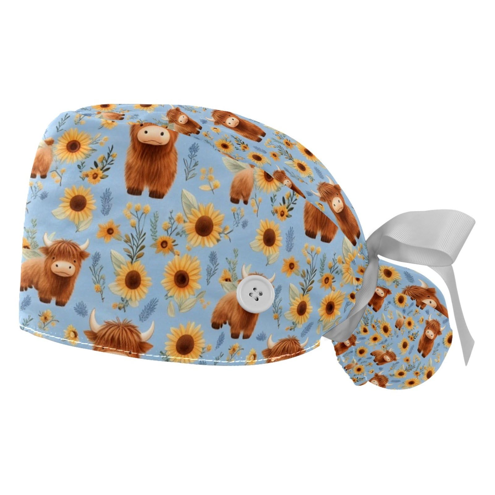 2 PCS Bouffant Cap with Button Ponytail Pouch Working Cap Sweatband Adjustable Surgical Cap Black and White Cow