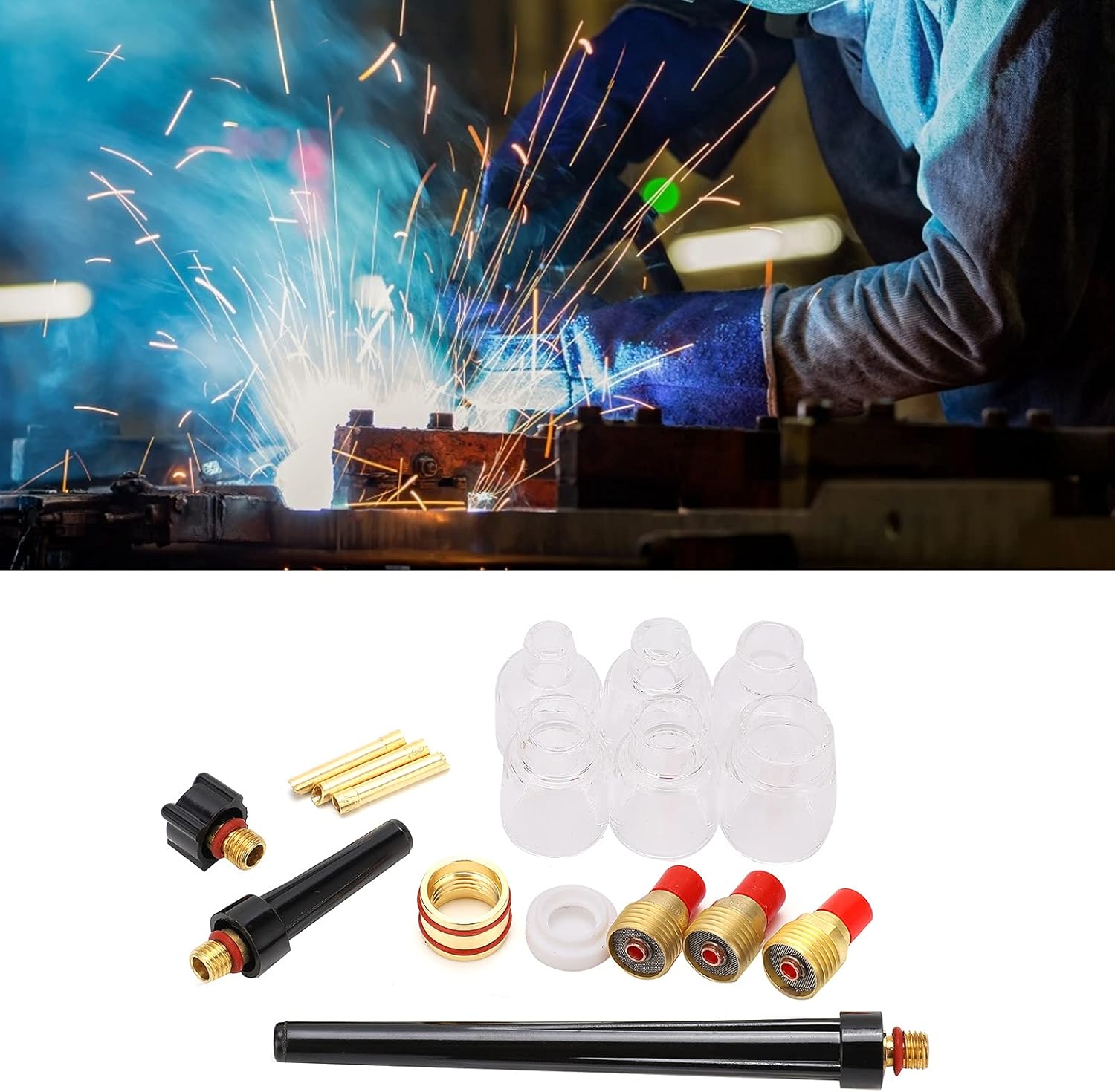 Welding Torch Stubby Gas Lens Glass Cup Kit, Brass Consumables Glass Cup Nozzle 2mm for WP9 / 20