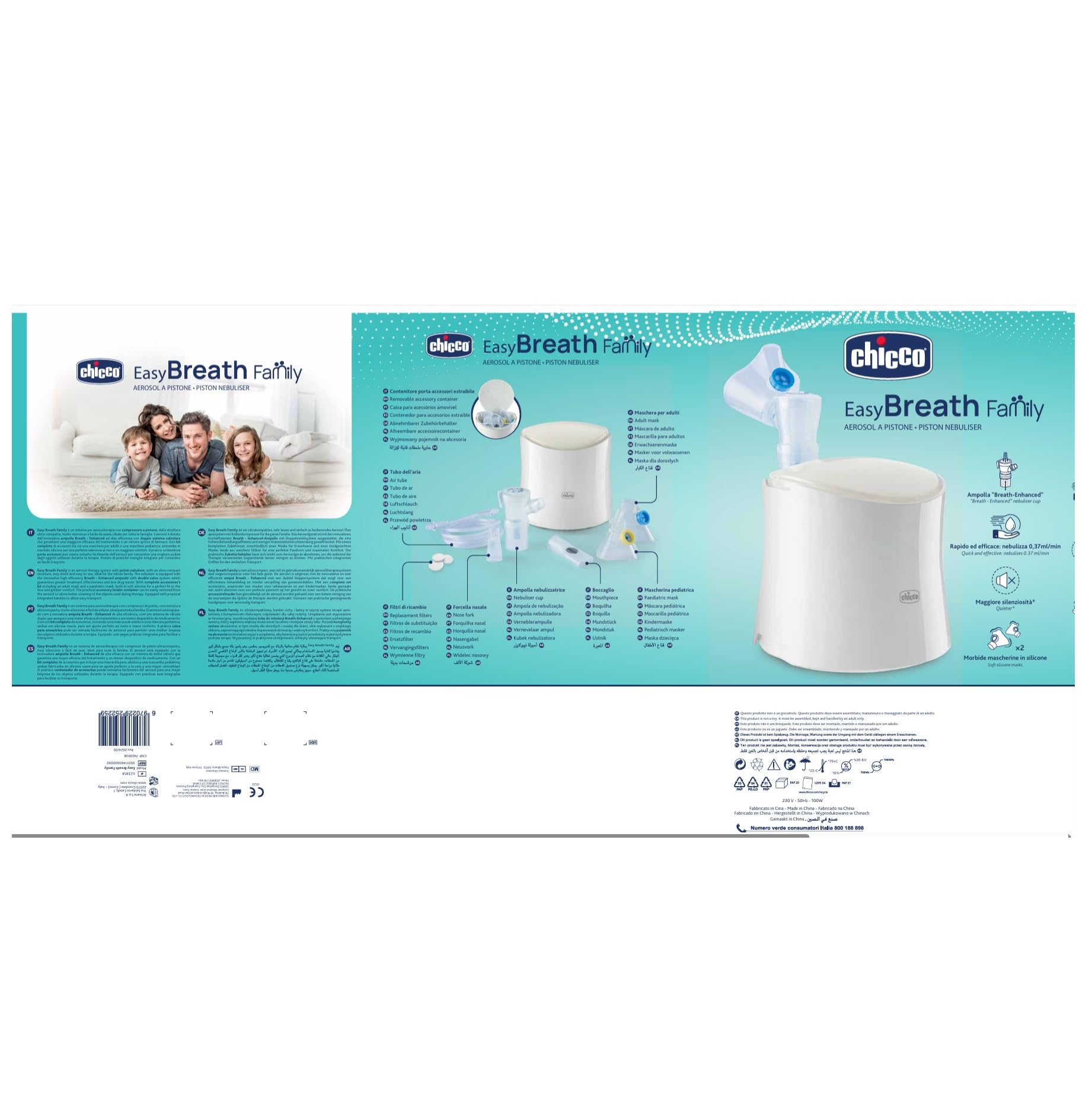 Chicco Easy Breath Family, aerosol de pistón para bebés, niños y adultos, aerosol portátil, ultracompacto, con dos mascarillas suaves y ergonómicas, con boquilla y horquilla nasal, 0 meses+