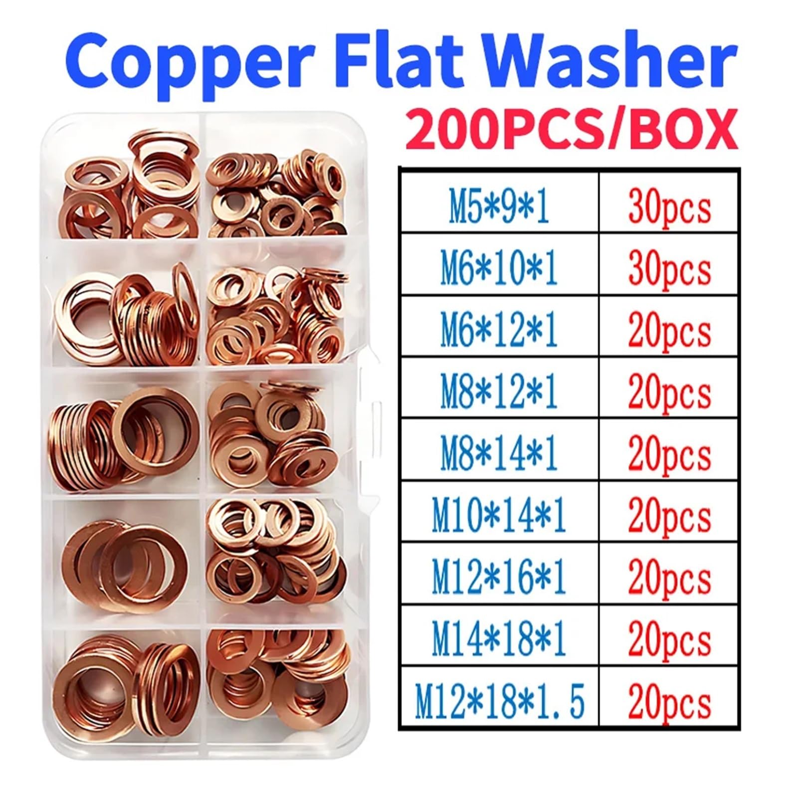 Arandela de cobre aplastada, Junta tórica de tapón aceite arandela plana cobre M5 M6 M8 M10 M12 M14 200 unids/caja