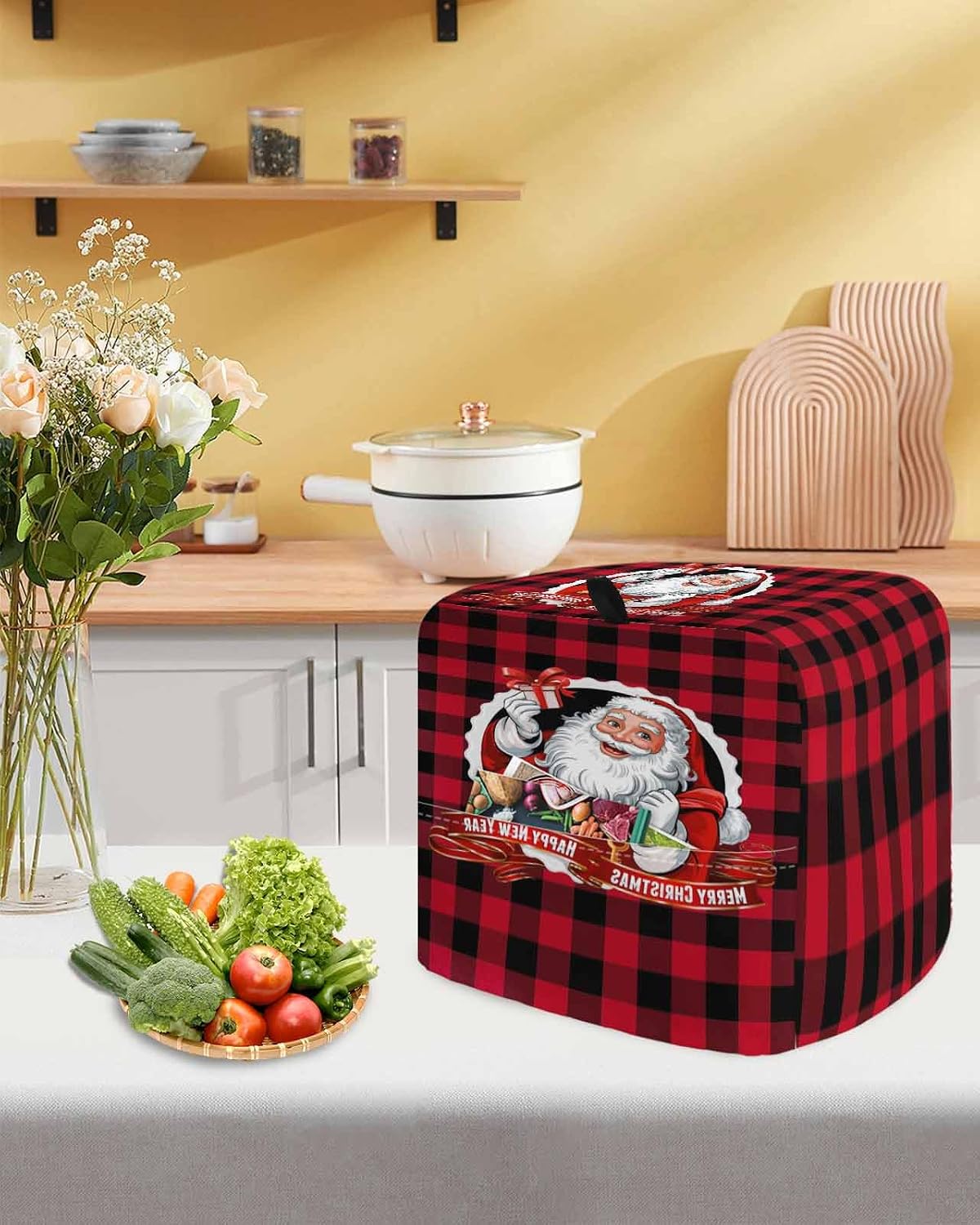 Stand Mixer Cover with Storage Pocket, Christmas Waterproof Kitchen Mixer Covers, Xmas Santa Claus Red Black Buffalo Plaid Kitchen Appliance Dust Cover Compatible with 5-8 Quart Mixers