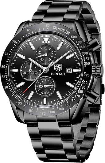 BENYAR Men's Watches Chronograph Analogue Quartz Watch for Men Leather Strap Men's Fashion Business Sport Design 30M Waterproof Elegant Gift for Men