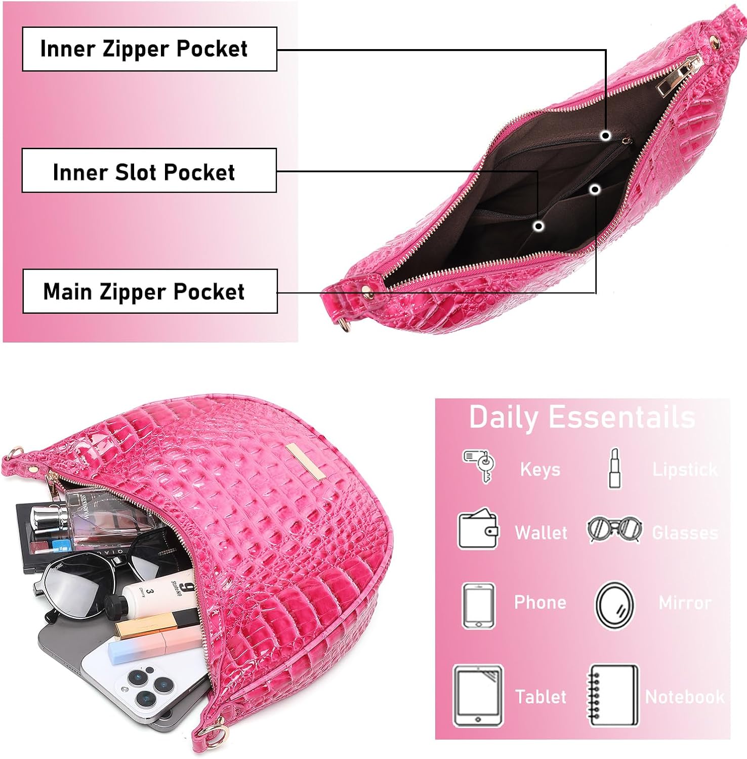 Crocodile Crossbody Hobo Bag for Women,Vintage Crescent Shoulder Purse in Vegan Leather, Soft Chic Handbag for Daily Outfits - Image 5