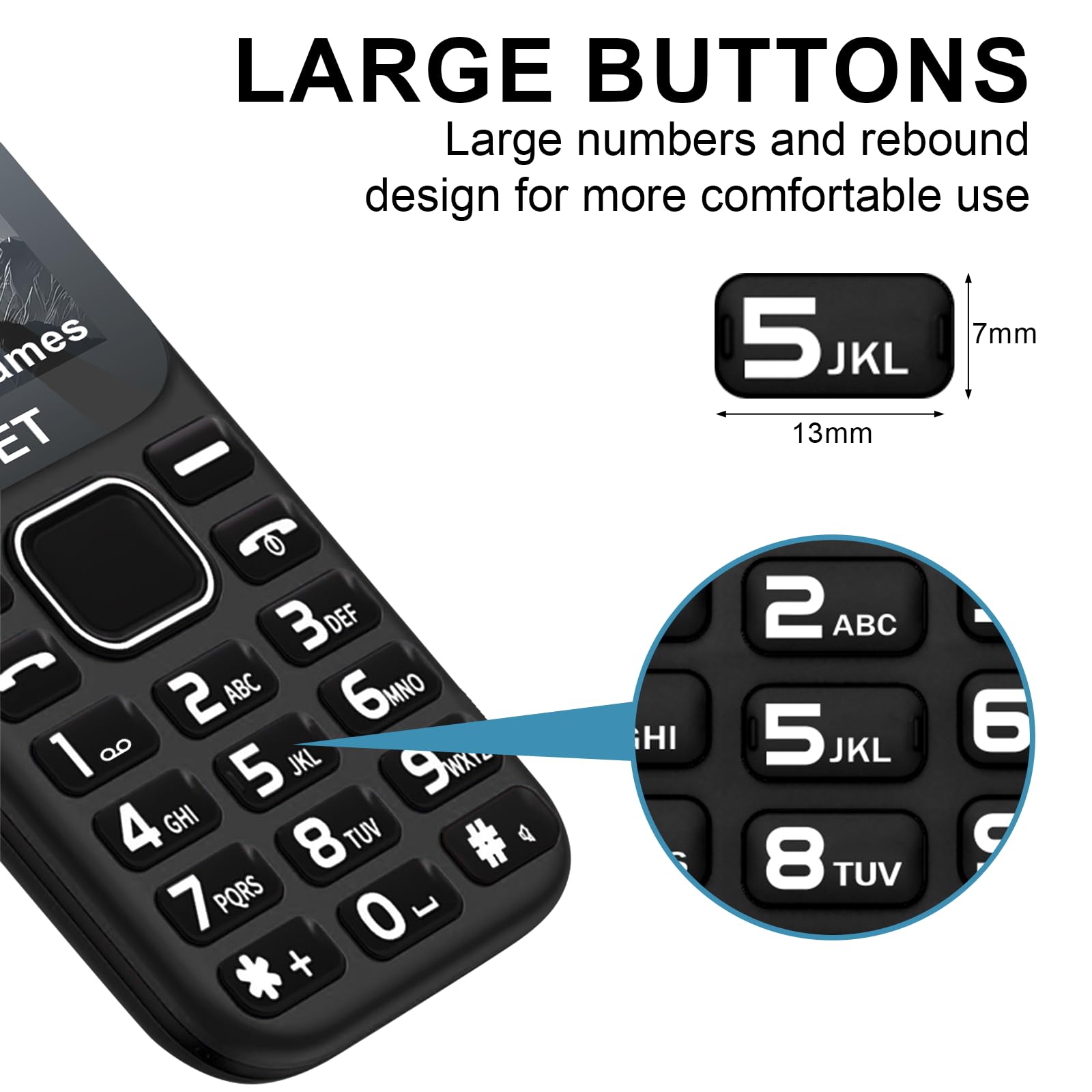 Guwet A2 telefono per anziani, Batteria ad alta capacità, telefono a tasti, con segnale forte, pulsante SOS, lungo standby e colore nero.