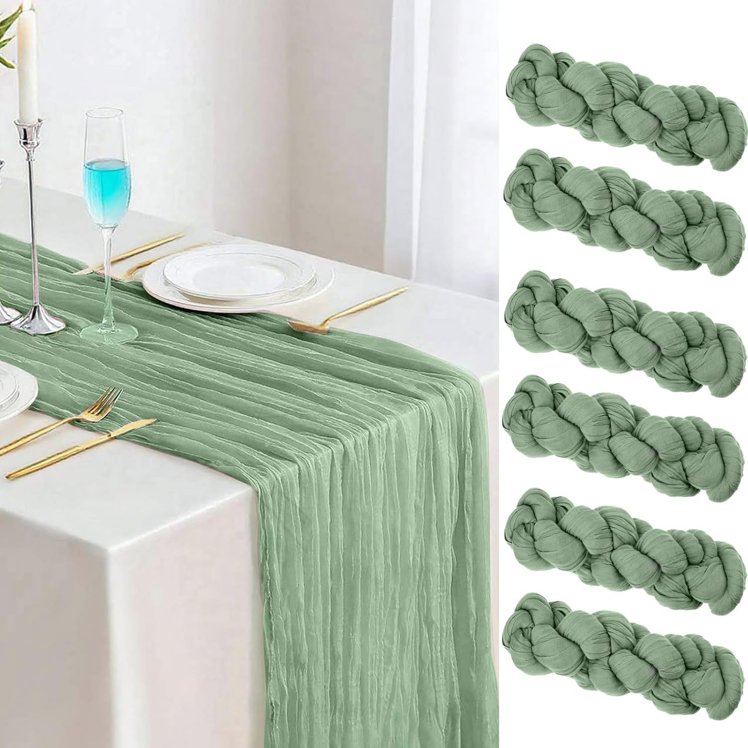 Sage Green 6pcs Cheesecloth Table Runner 35x120inch Gauze Boho Rustic Farmhouse Wedding Dining Table Decorations for Holiday Birthday Party Baby Shower Event Decorations Home Decorations