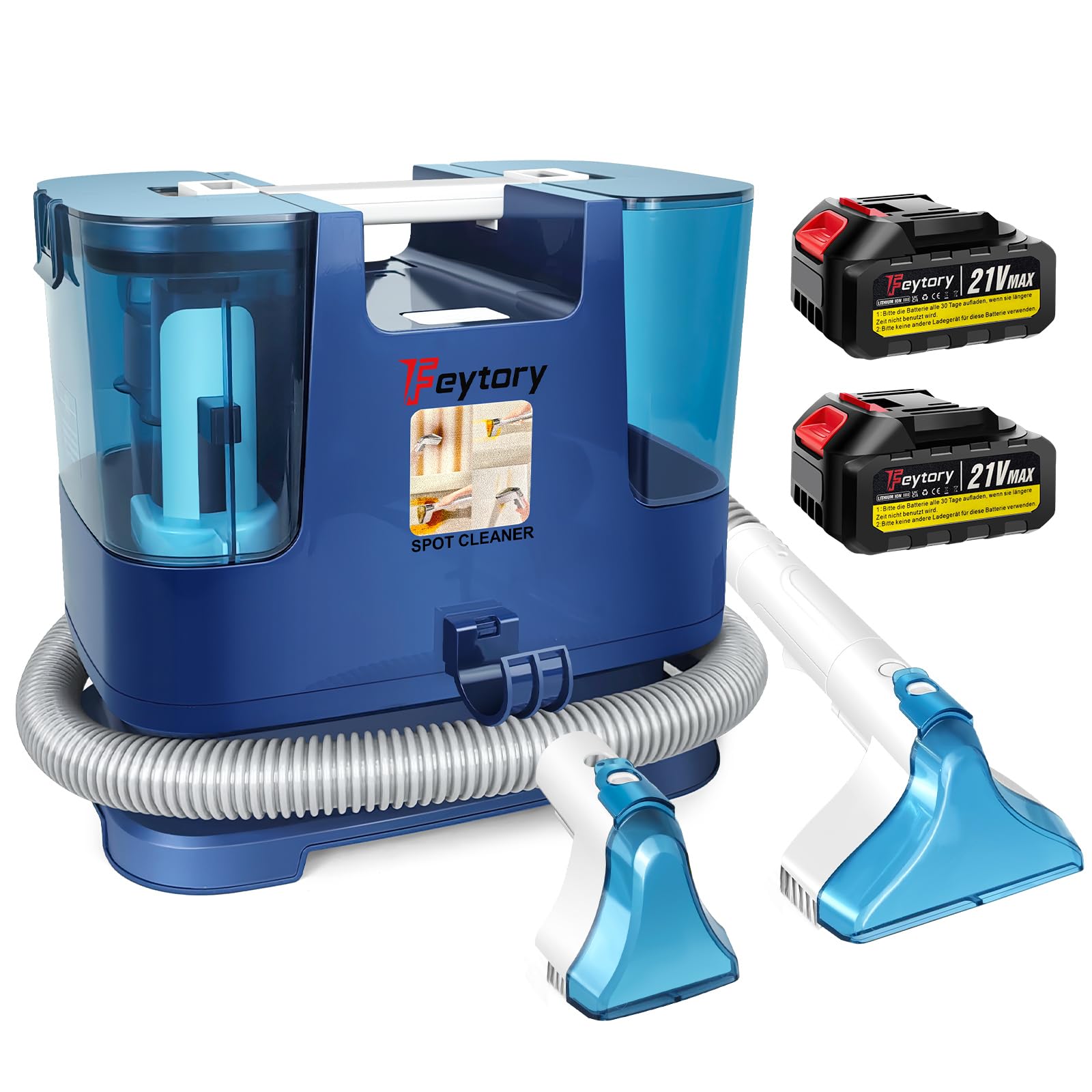 Akku Spot Cleaner, 3-in-1 Teppichreiniger mit 2 x 21V Akku, 600ml Frisch-/Abwassertank, Tragbarer Polsterreiniger für Sofa, Teppich, Matratze, Autositze, Tierhaare & Flecken