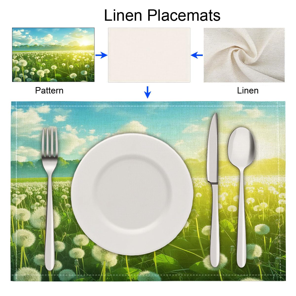 8 Tovagliette Colazione Stoffa 45 x 30 cm,Tarassaco Campagna Tovagliette Americane Lavabili, Placemats Campagna Campi per Primavera Vacanze Cucina Feste, Pasqua