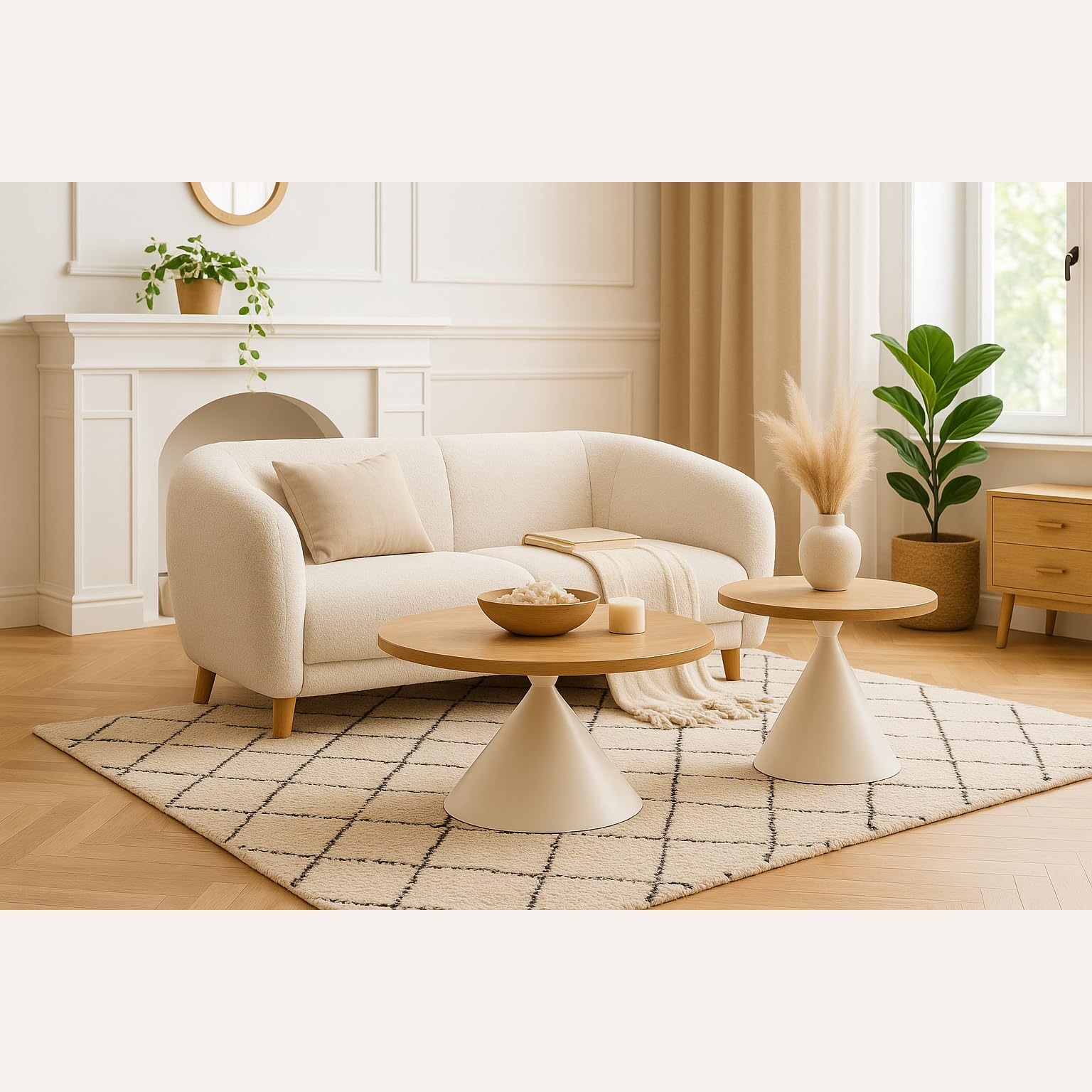 Couchtisch Set 2 Stück – Rund, Skandinavisches Design – Helles Holz & Weiß – Beistelltisch oder Sofatisch – Modell ÁUREA