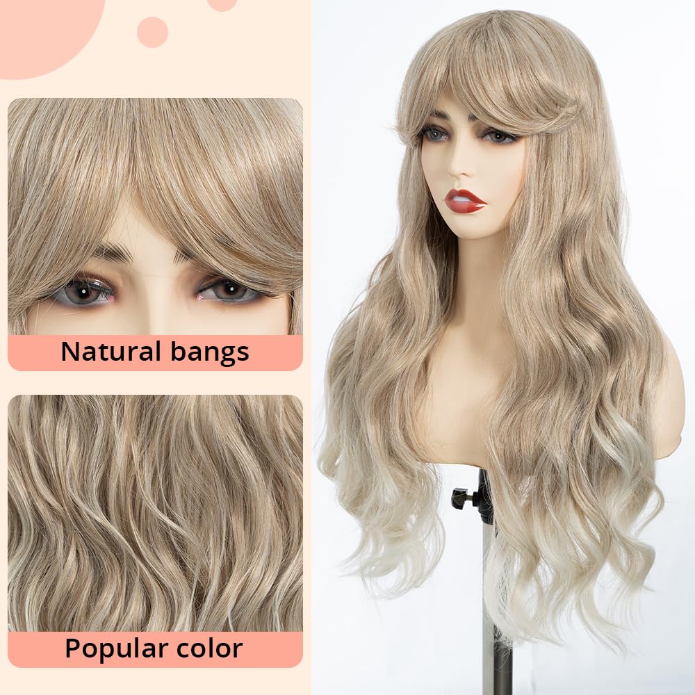DÉBUT Long Wavy Wig With Fringe for Women Heat Resistant Synthetic Ombre Brown to Blonde Wigs With Bangs for Daily Party Cosplay Use(26 inches - Image 3