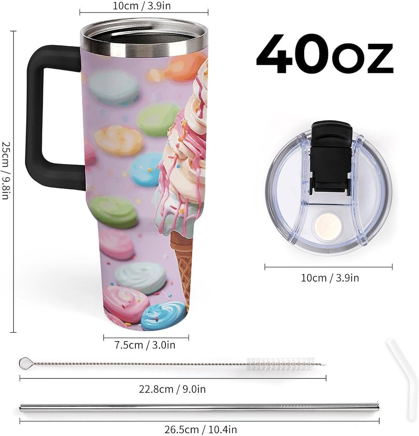 40 Oz Tumbler with Straw And Lid Many Colored Ice Cream Insulated Travel Coffee Mug Stainless Steel Water Bottle Vacuum Insulated Tumblers for Sport Work Car Travel Weekends