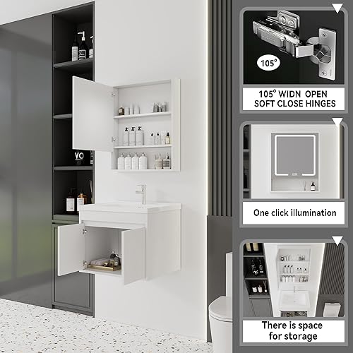 Miniatura 266 de Tocador de baño de 20 pulgadas con lavabo de cerámica, tocador de baño pequeño montado en la pared con puerta de cierre suave, gabinete flotante