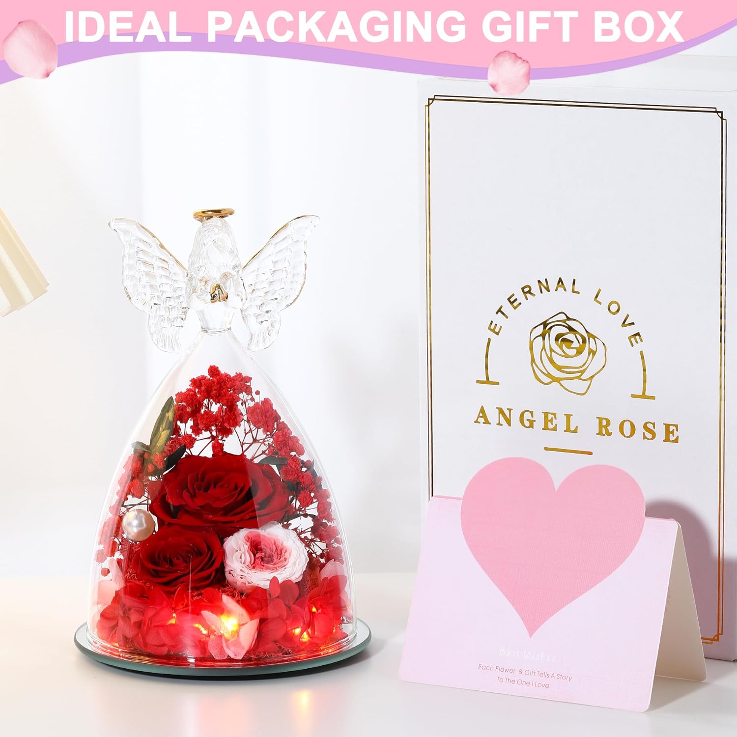 Valentines Rose Gifts for Women Preserved Real Flower in Glass Angel Figurines Roses for Delivery Prime Birthday Gifts for Mom Grandma Girlfriend Wife Her,Red Pink Austin Roses - Image 7