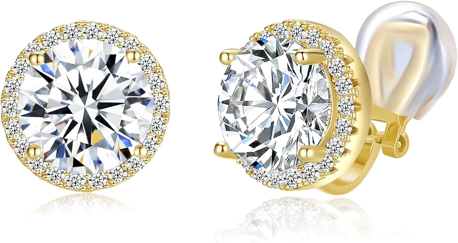 YOQUCOL 10MM Cubic Zirconia Crystal Clip On Stud Earrings Round Non Pierced Earrings for Women