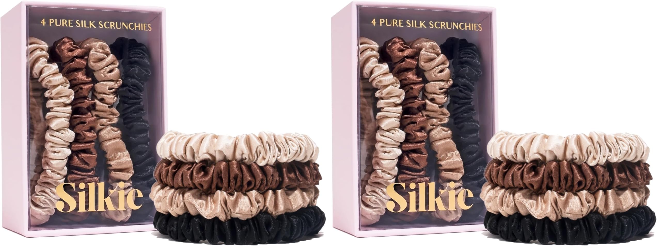 SILKIE 4er-Set 100% reine Maulbeerseide schwarze und braune dünne Haargummis mit Reisebeutel, Haargummis für jeden Tag, Haarpflege, Pferdeschwanzhalter, ohne Haarschäden (Chocolate) (Packung mit 2)