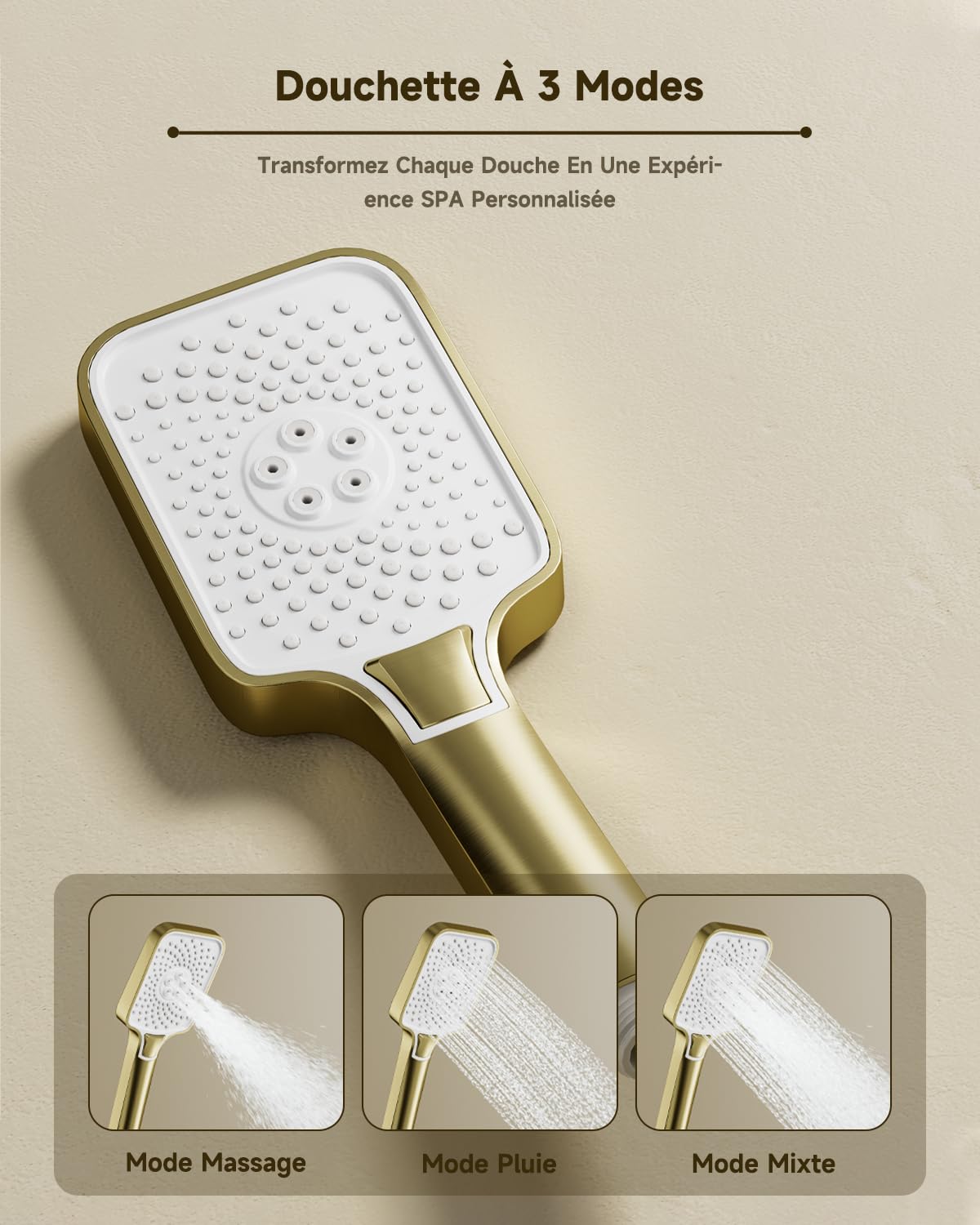 Colonne de douche, ensemble de colonne de douche 4-en-1 en or brossé | Pomme de douche rectangulaire à effet pluie 300 × 180 mm, orientable à 360°, douchette à main 3 modes, avec accessoires