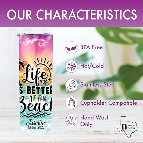 Miniatura 3 de AVITO Vaso de playa personalizado – Vaso de acero inoxidable delgado de 20 onzas – Regalo de vacaciones – Life Is Better at the Beach – Vasos de