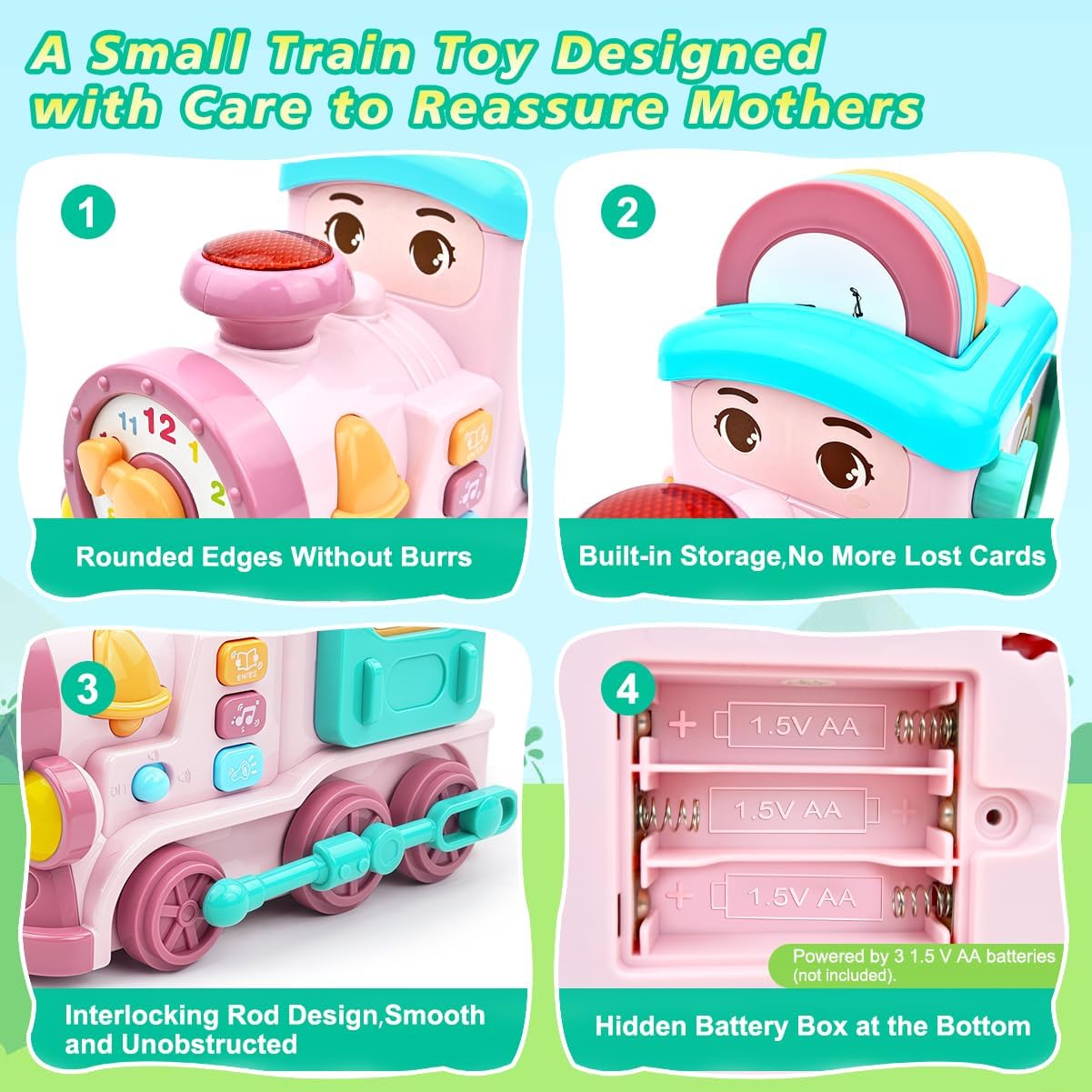 Toys for 1+ Year Old Girls - 24-in-1 Baby Musical Train with Bilingual(EN/ES) 14 Learning Cards, Sound, Lights, Baby Crawling Toys for 12-18 Month+, Fun Birthday & Xmas Gifts for Toddlers 1-3