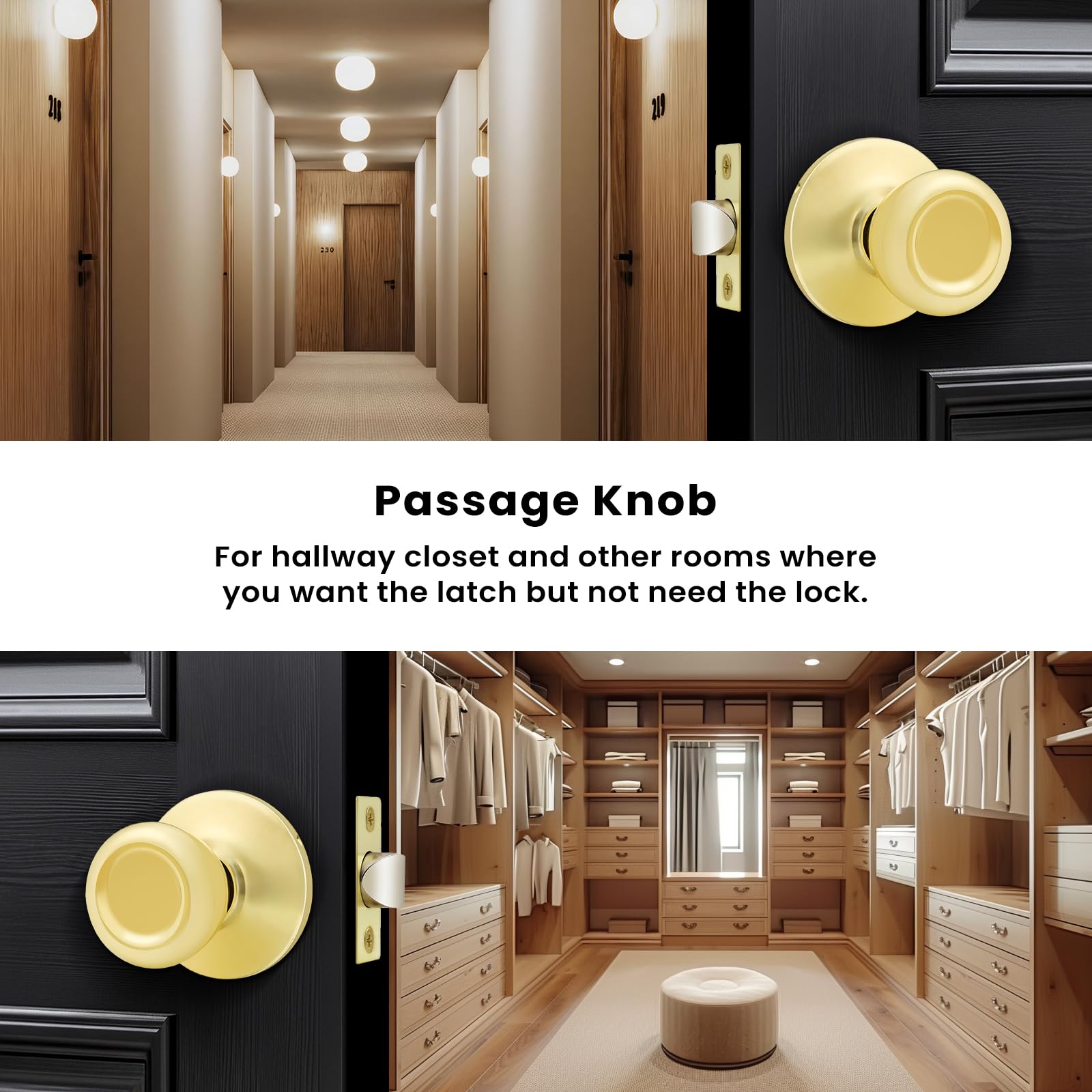 GOBEKOR Passage Door Knobs - 2 Pack Polished Brass -4