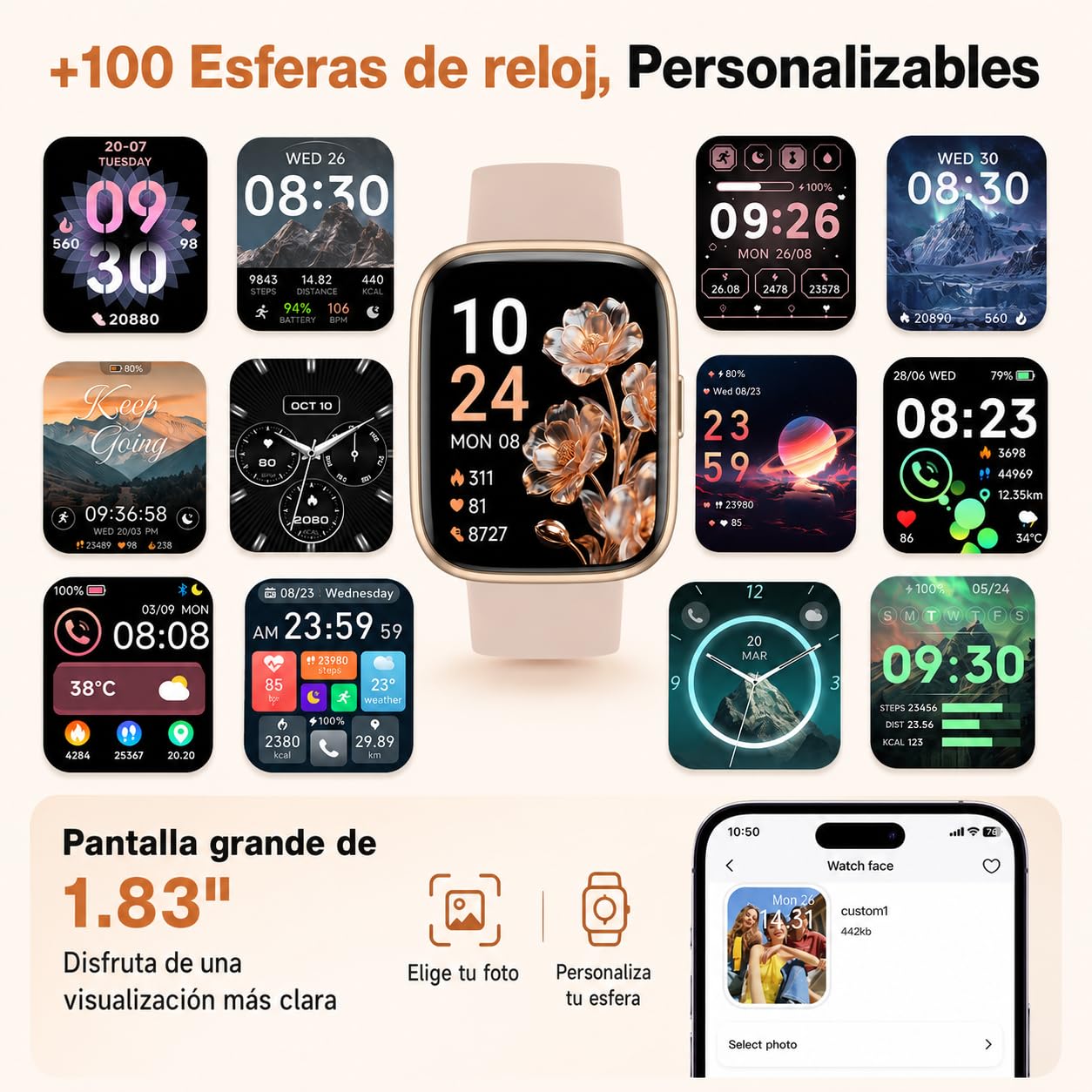 VRPEFIT - Smartwatch Hombre/Mujer, notificaciones Whatsapp, Pantalla táctil 1.8" HD, Llamadas Bluetooth, Ritmo cardíaco, SpO2, sueño, 100+ Modos Deportivos, IP68, Android/iOS