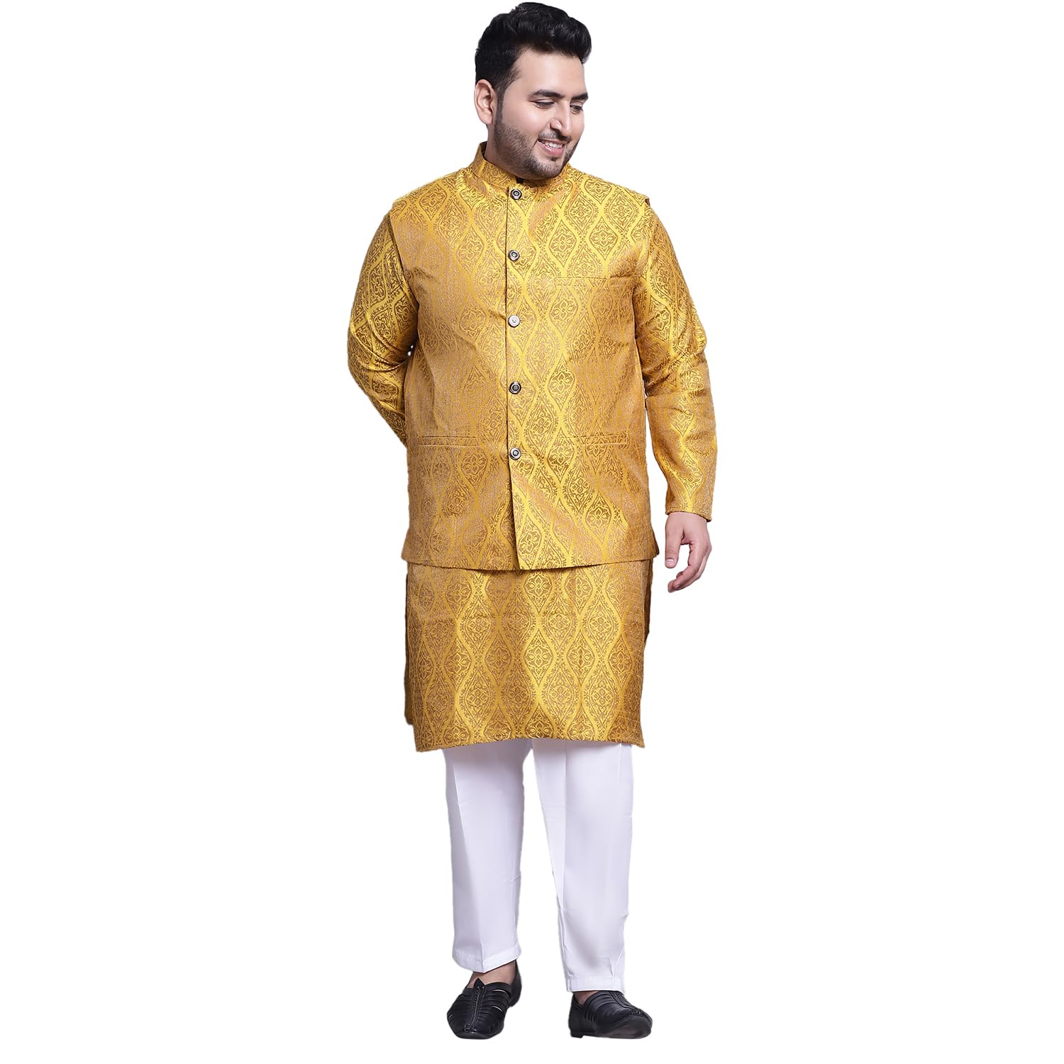 (Since 1958 Men's Silk Blend Mustard Kurta & Mustard Nehrujacket with White Pyjama Set-image-17