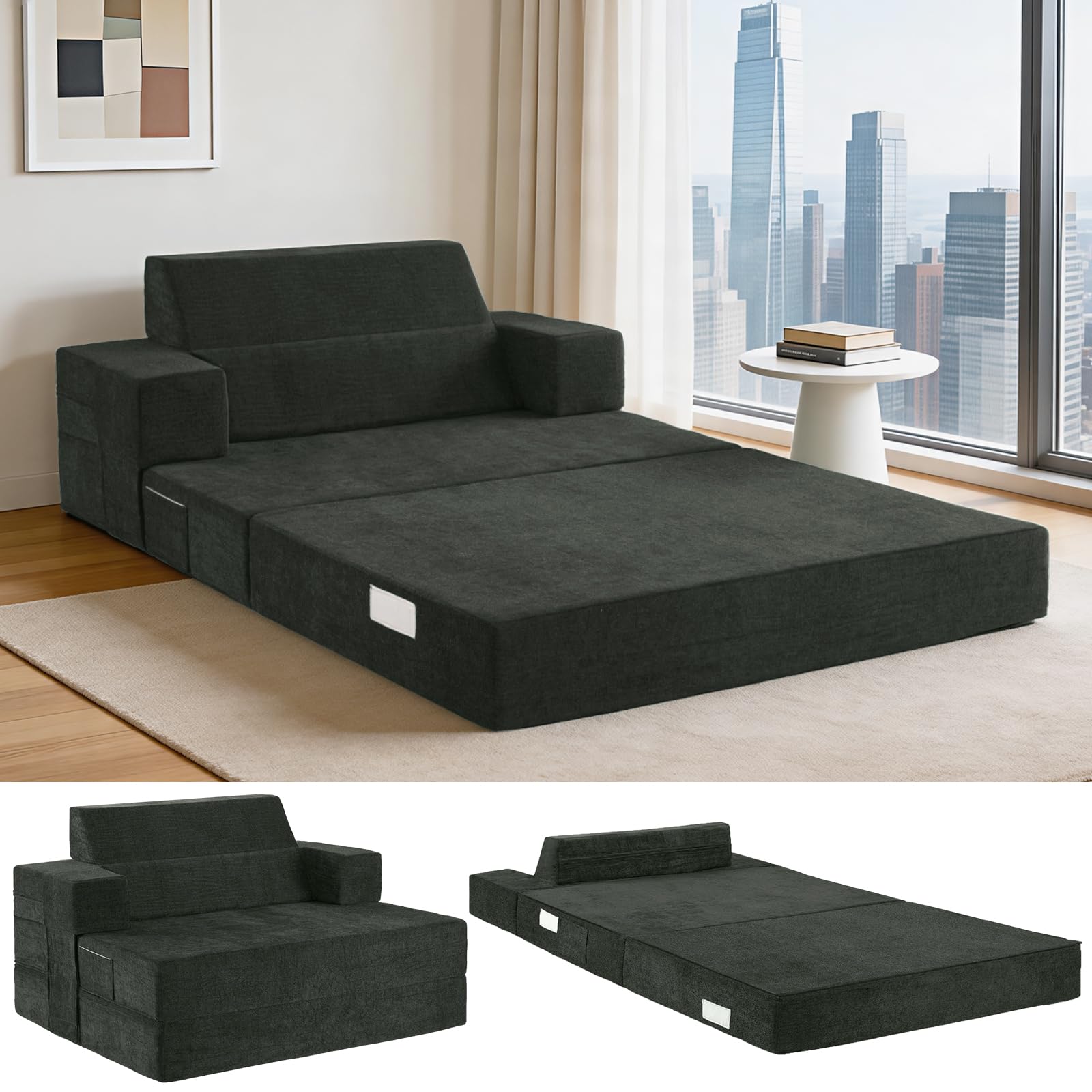 Fantico Folding Sofa Bed Single – Convertible Chair Bed with Pillow & Armrests, Foldable Futon Mattress with Angled Back Support, Boneless Sofa Bed for Living Room and Bedroom, Grey