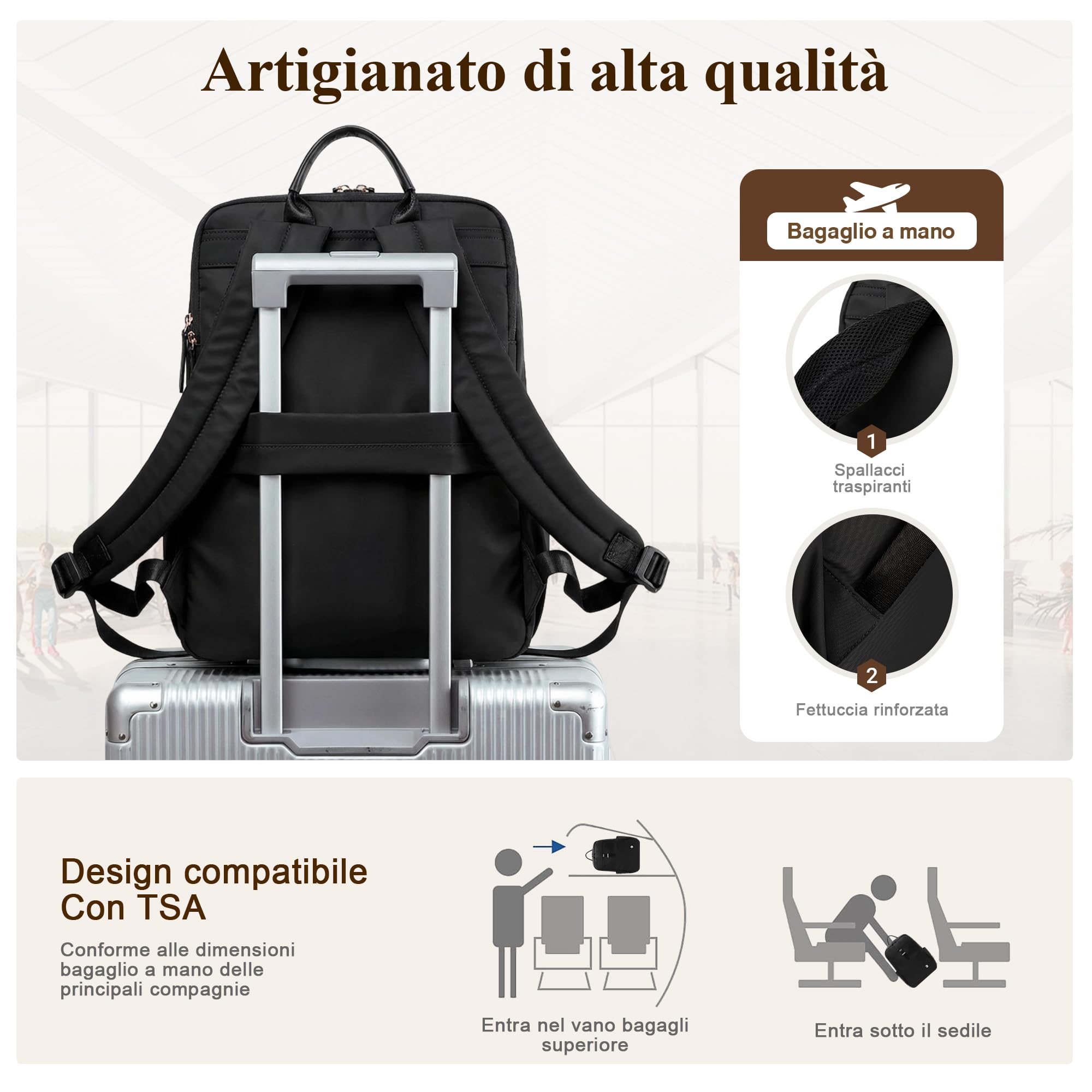 Zaino Semplice Donna Elegante Zaino Antifurto per 15,6 Pollici Laptop con Maniglia Borsa del College Casuale Viaggio Vacanza Quotidiano Impermeabile Nylon Donna Borse da Scuola Nero