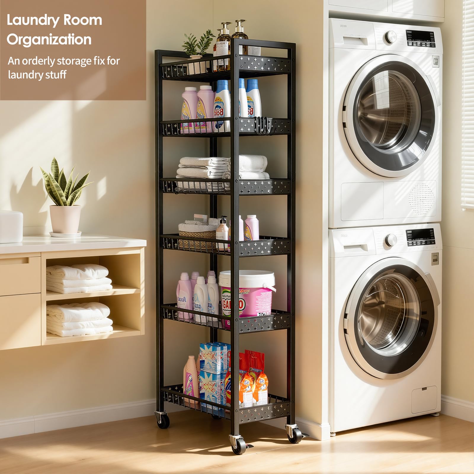 Carrello Portaoggetti Sottile, Carrello a 6 Ripiani con Ruote, Scaffalatura Sottile Mobile Multiuso per Cucina, Bagno, Lavanderia, Soggiorno, Spazi Ristretti, 9,84 pollici (L)