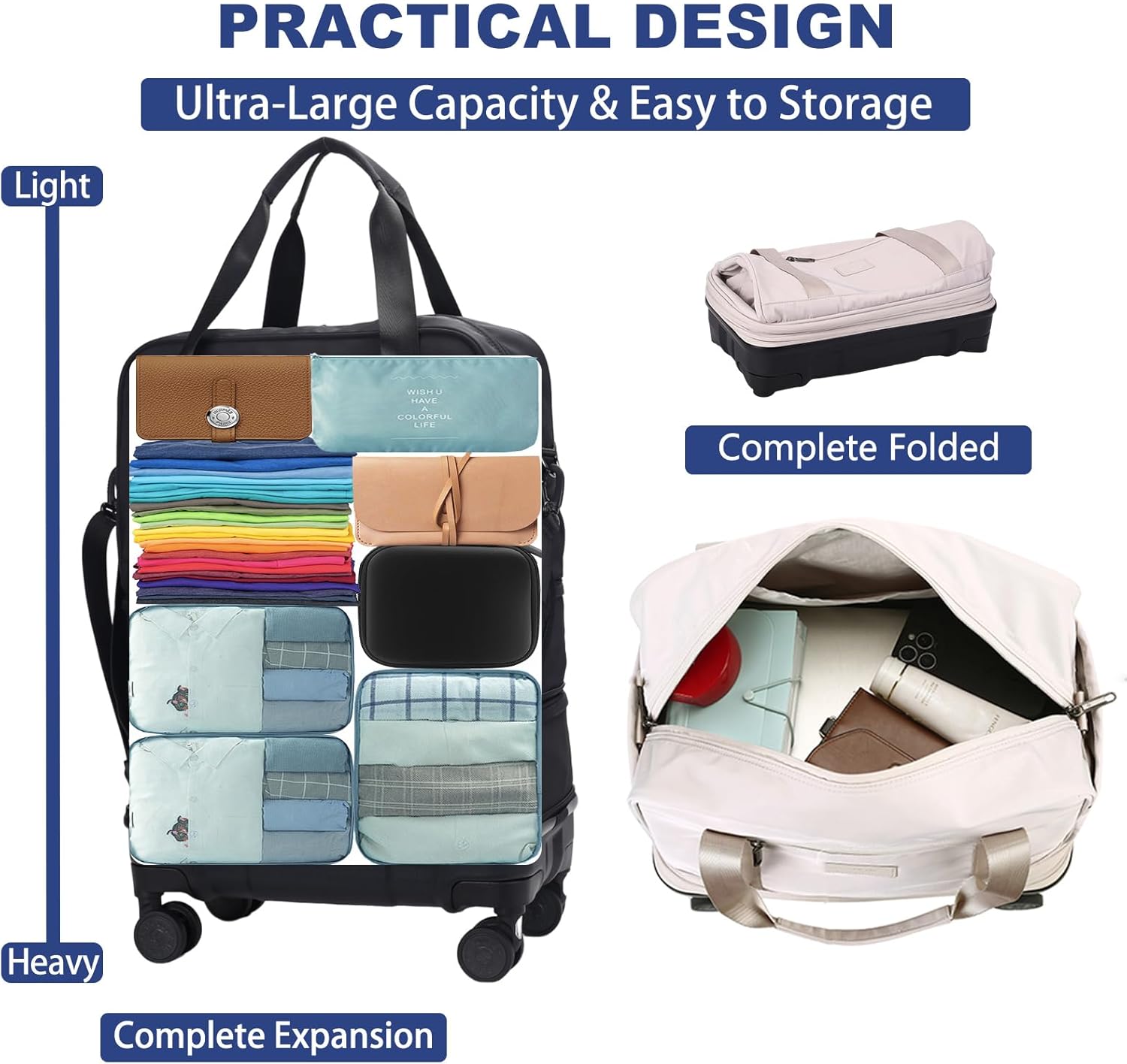 Rolling Duffle Bag with Detachable Shock Absorbing Wheels, Expandable Foldable Suitcase for Travel,Collapsible Luggage Carry on Duffel Overnight Weekend Bags - Image 4