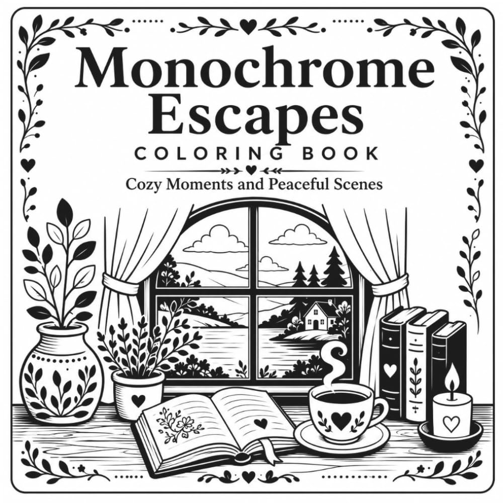 Monochrome Escapes Coloring Book: Cozy Moments and Peaceful Scenes – Stress Relief Monochrome Coloring Book with Easy One-Color Pages for Adults