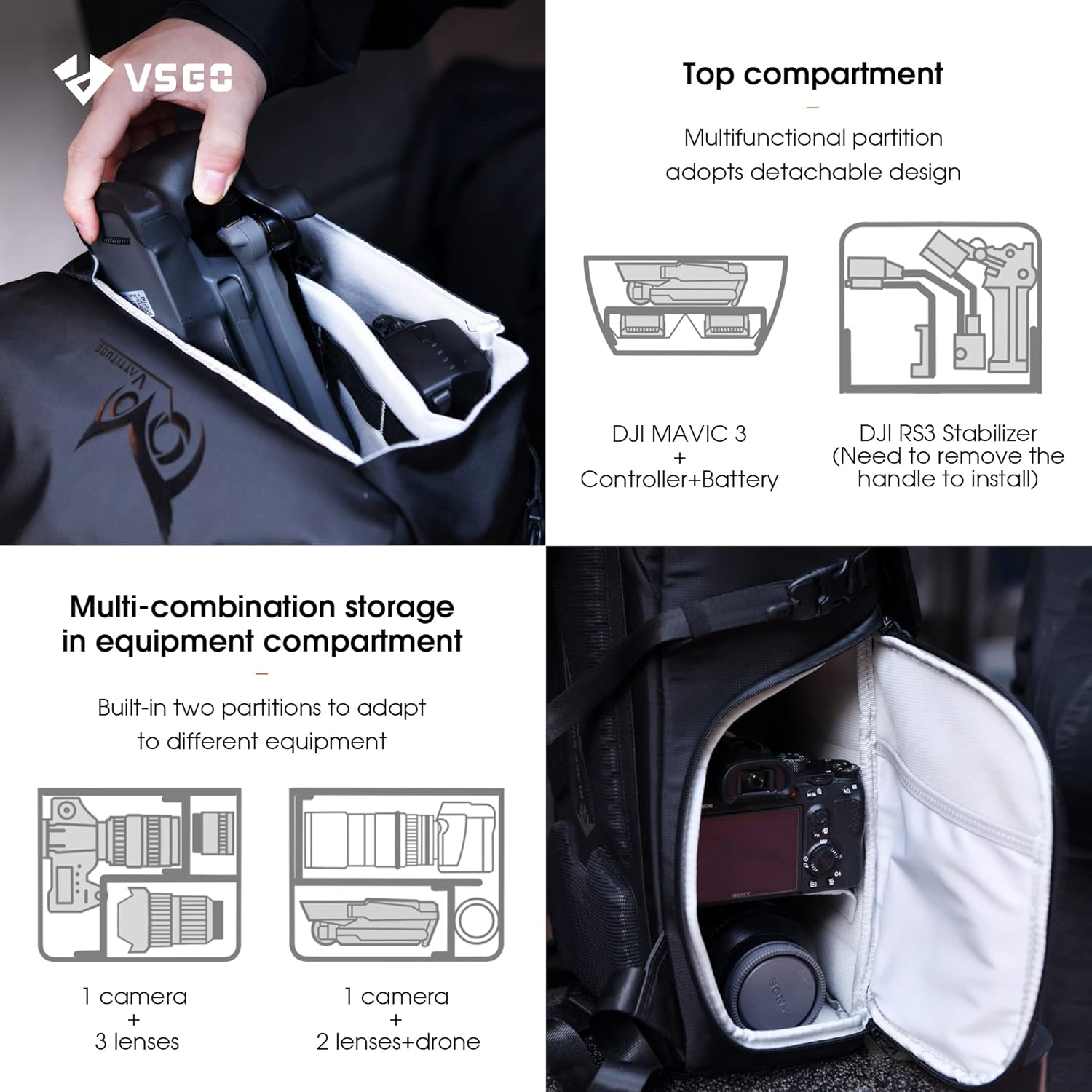 VSGO Black Snipe Camera Backpack 16L – Lightweight 1.1kg Professional DSLR/SLR Photography Bag for Sony, Canon, Nikon Cameras, DJI Stabilizers, Travel & Outdoor Use - Image 8