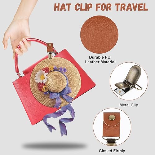 Miniatura 4 de Clips de viaje para sombreros, 2 piezas de cuero sintético para bolsa, multifuncional, soporte para sombreros, clips para viajes, mujeres y hombres,