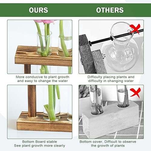 Miniatura 4 de Macetas de propagación de escritorio de vidrio, estación de propagación de plantas con soporte de madera, 4 jarrones de tubo de ensayo, para