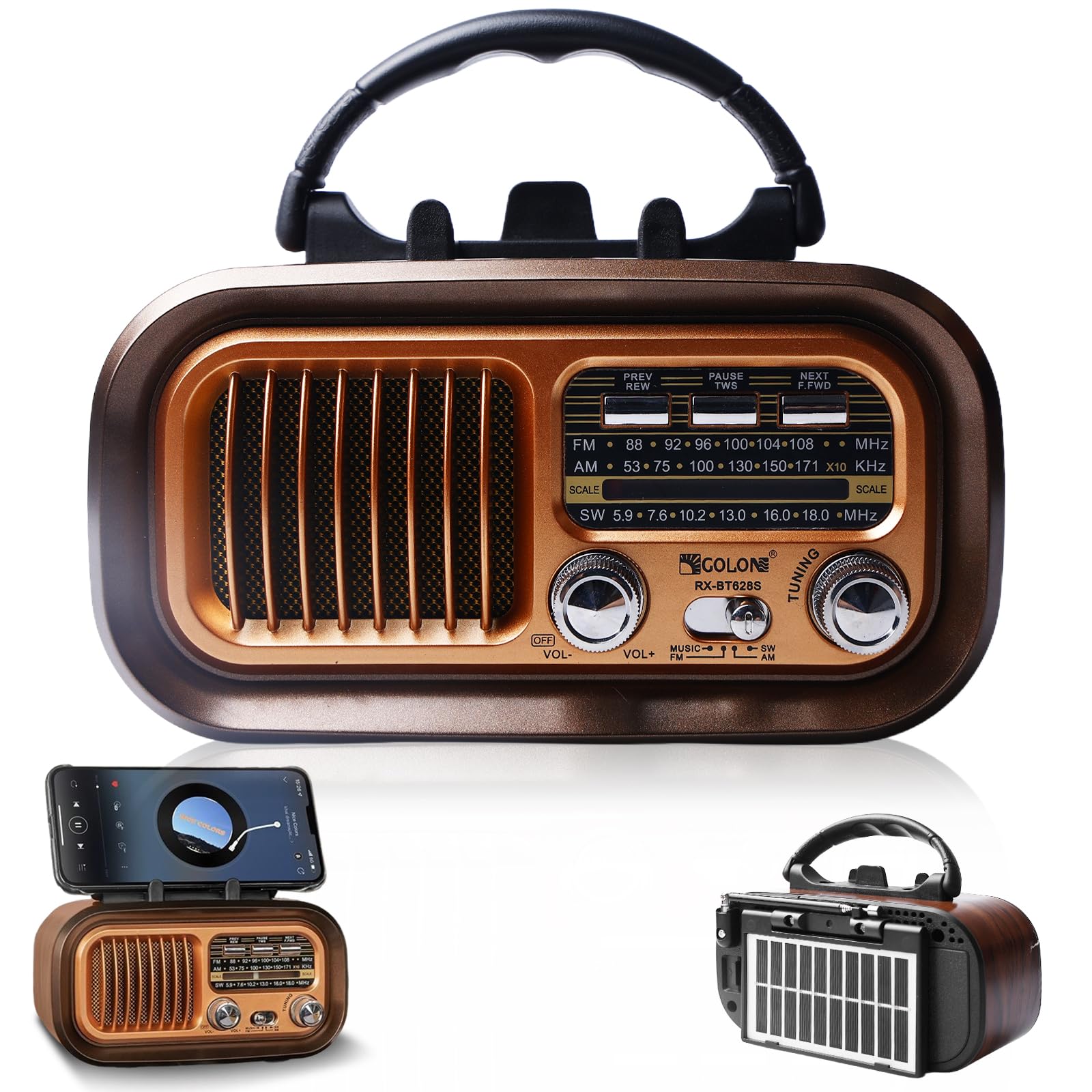 Radio retro con Bluetooth, AM/FM/SW Retro Radio Pequeño Solar Altavoz Bluetooth portátil con batería de 1200 mAh, compatible con USB/TF, radios vintage para el hogar, la oficina, el exterior