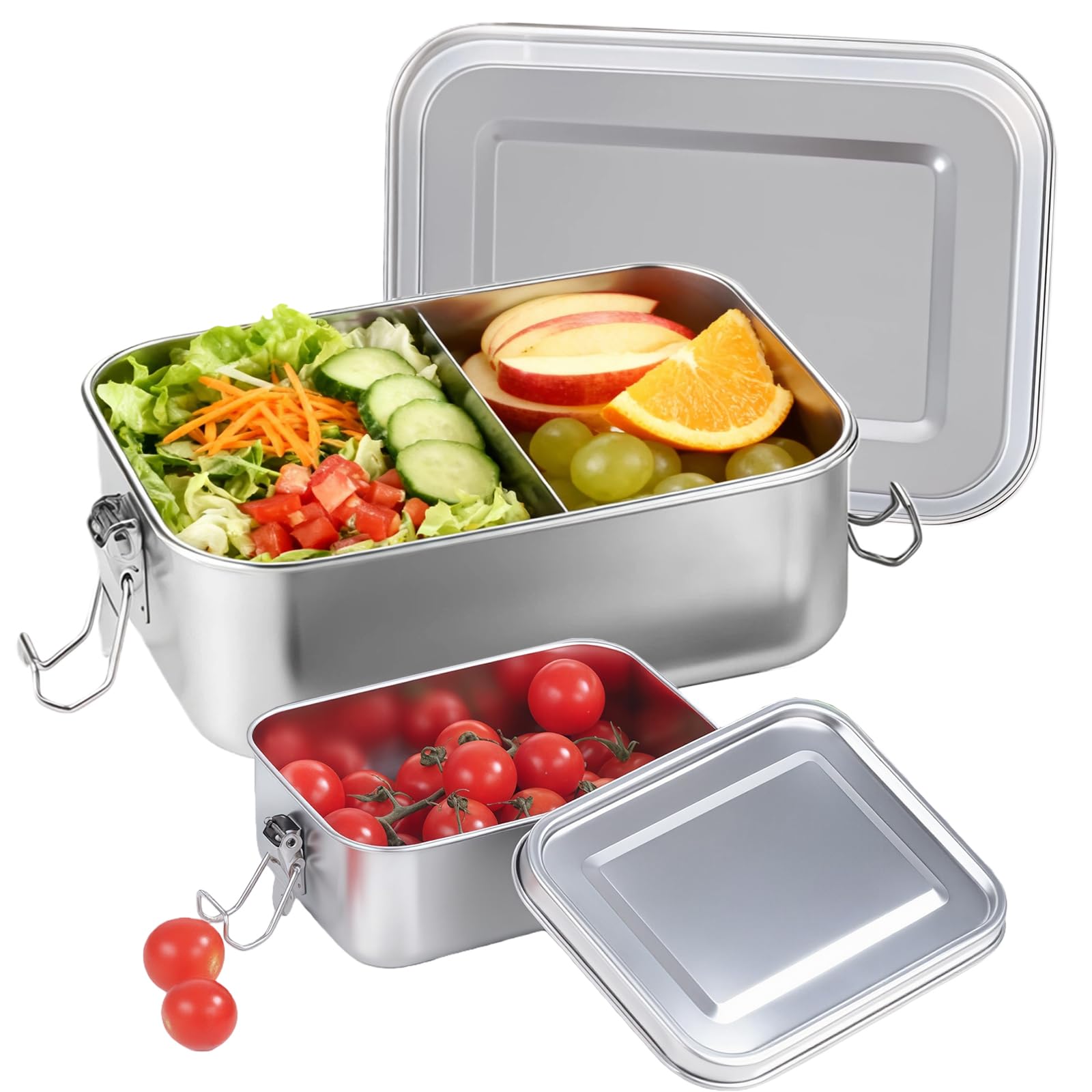 Stainless Steel Lunch Box 2-Piece Set (1400ml+550ml), Bento Box with 1 Removable Compartments, Leak-Proof Sandwich Salad Food Storage Container for Adults & Kids, Lockable Clips & Dishwasher Safe