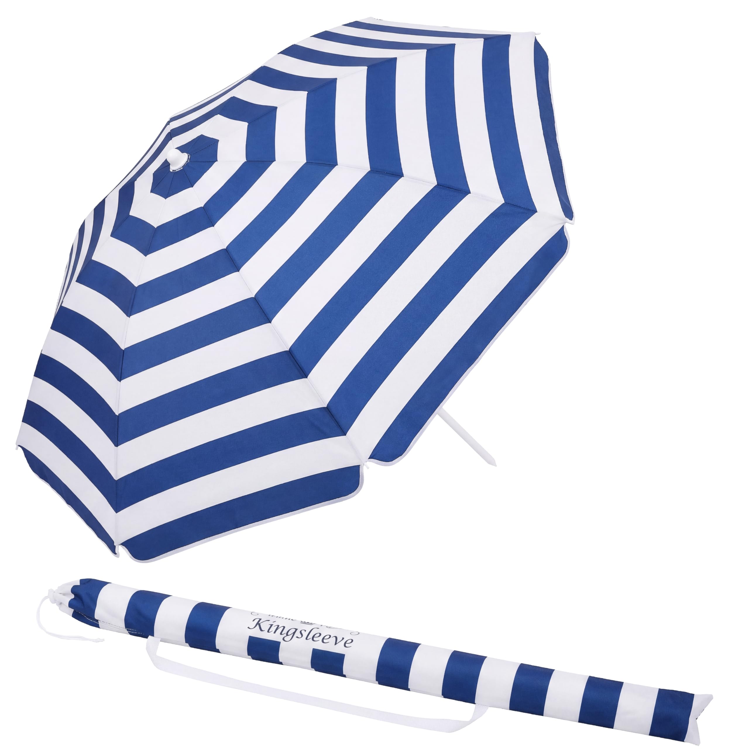 Kingsleeve® Sonnenschirm 200cm UV 50+ Tragetasche Erdspieß groß wasserabweisend neigbar höhenverstellbar Balkon Strand Rund Garten Blau Weiß gestreift