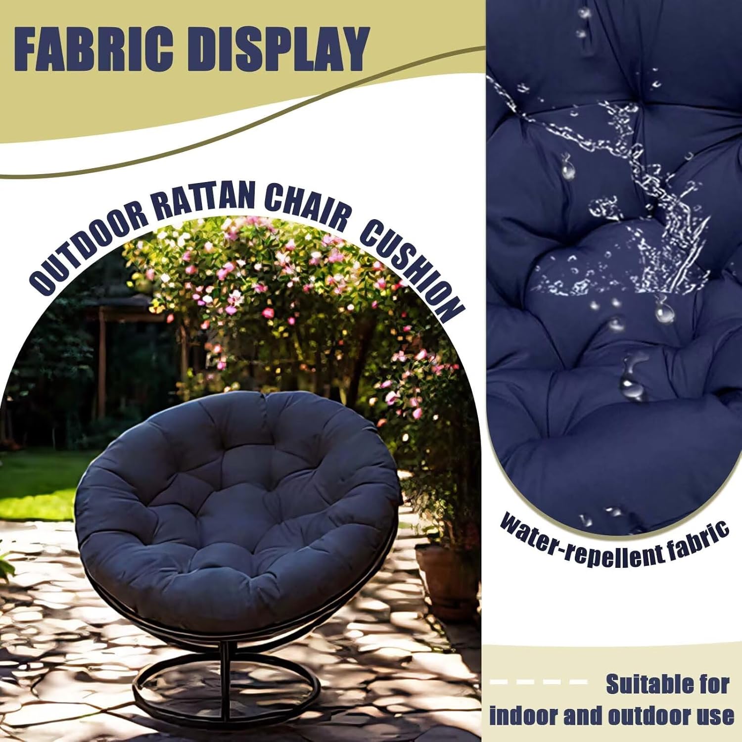 Waterproof Papasan Chair Cushions Outdoor Soft Circle Papasan Chair Cushion with Ties for Oval Saucer Egg Chairs Black 45X45in