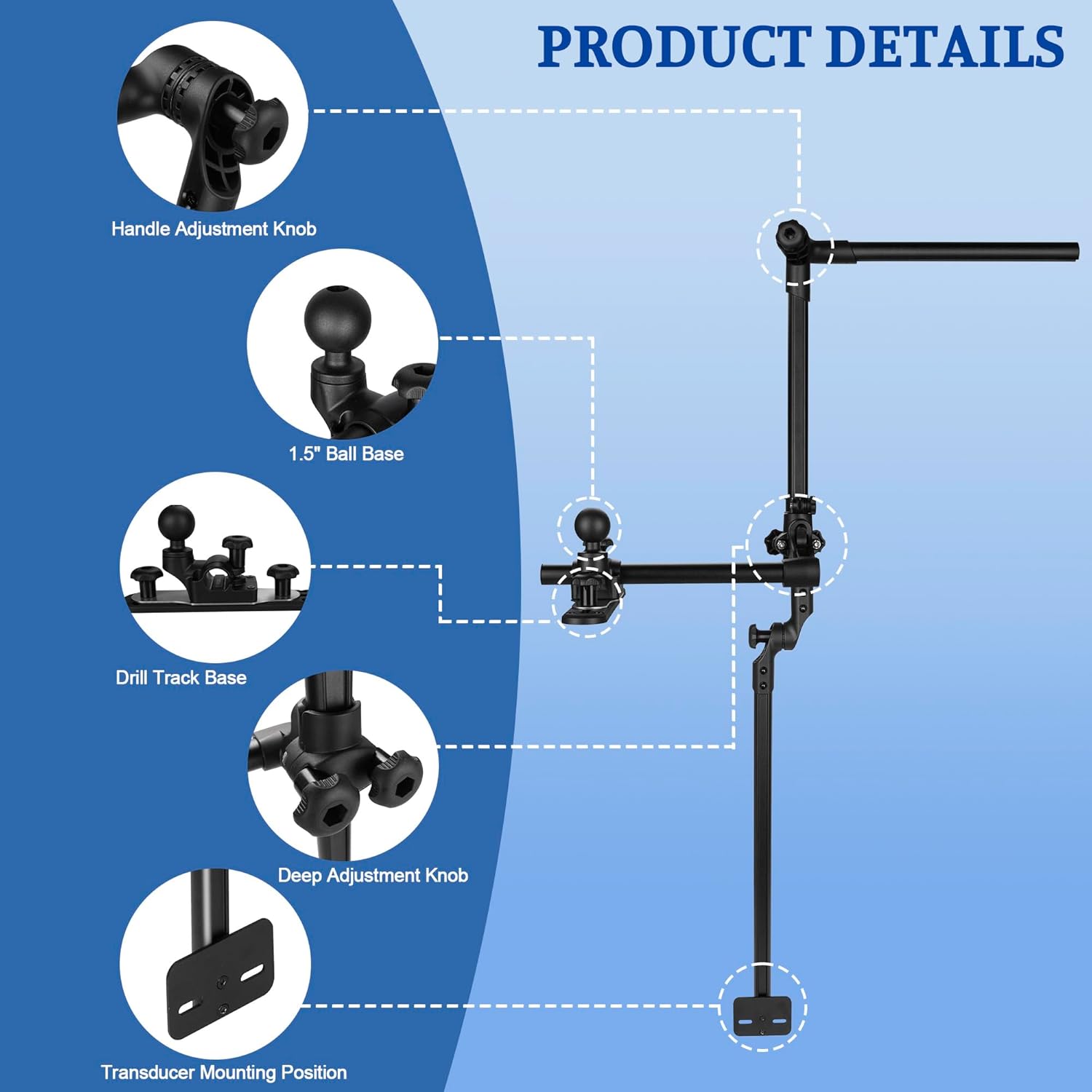 Livescope Transducer Pole Mount for Kayak/Boat,Drill-Down Base with 1.5'' Ball, with T Bolts for Kayak Track,Portable