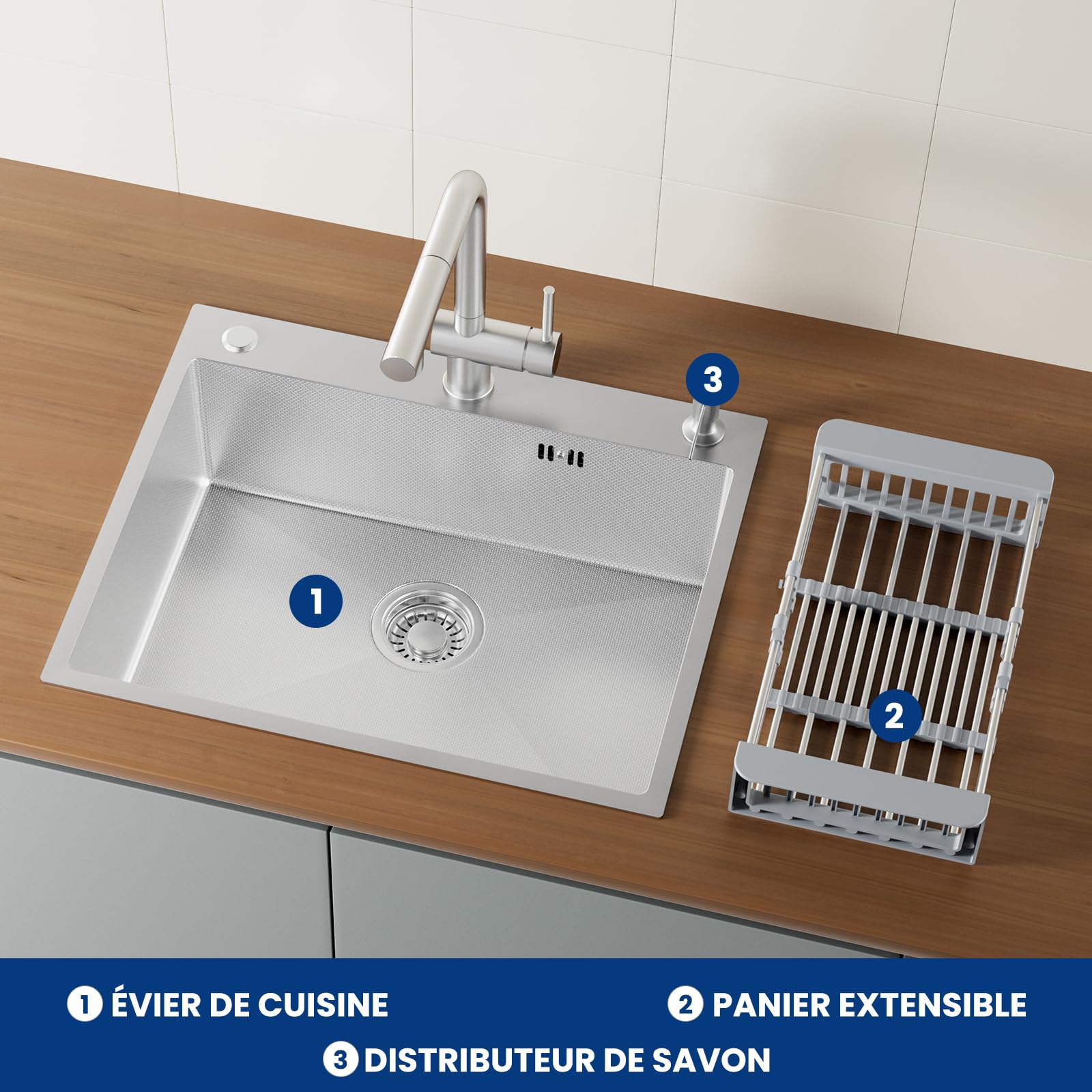 CECIPA Evier Cuisine 1 Bac 60x49CM, Lavabo Cuisine Inox Trous Pour Robinets Et Distributeur De Savon Et Panier TéLescopique, Convient Aux Armoires De Plus De 60CM