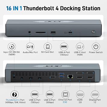 Acer Thunderbolt 4 Dock, 16 in 1 DisplayLink Docking Station 4 Monitor, 3TB4+2HDMI+2DP, Up to 8K & 40Gbps, 160W Power, 2.5G Ethernet, SD4.0, USB C Dock for MacBook Pro/Max, Dell, Acer, HP etc