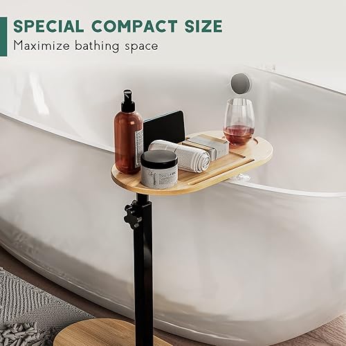 Miniatura 2 de Yumkfoi Mesa de bambú para bañera con altura ajustable, bandeja de baño independiente para bañera contra pared, mesa auxiliar para bañera de lujo,