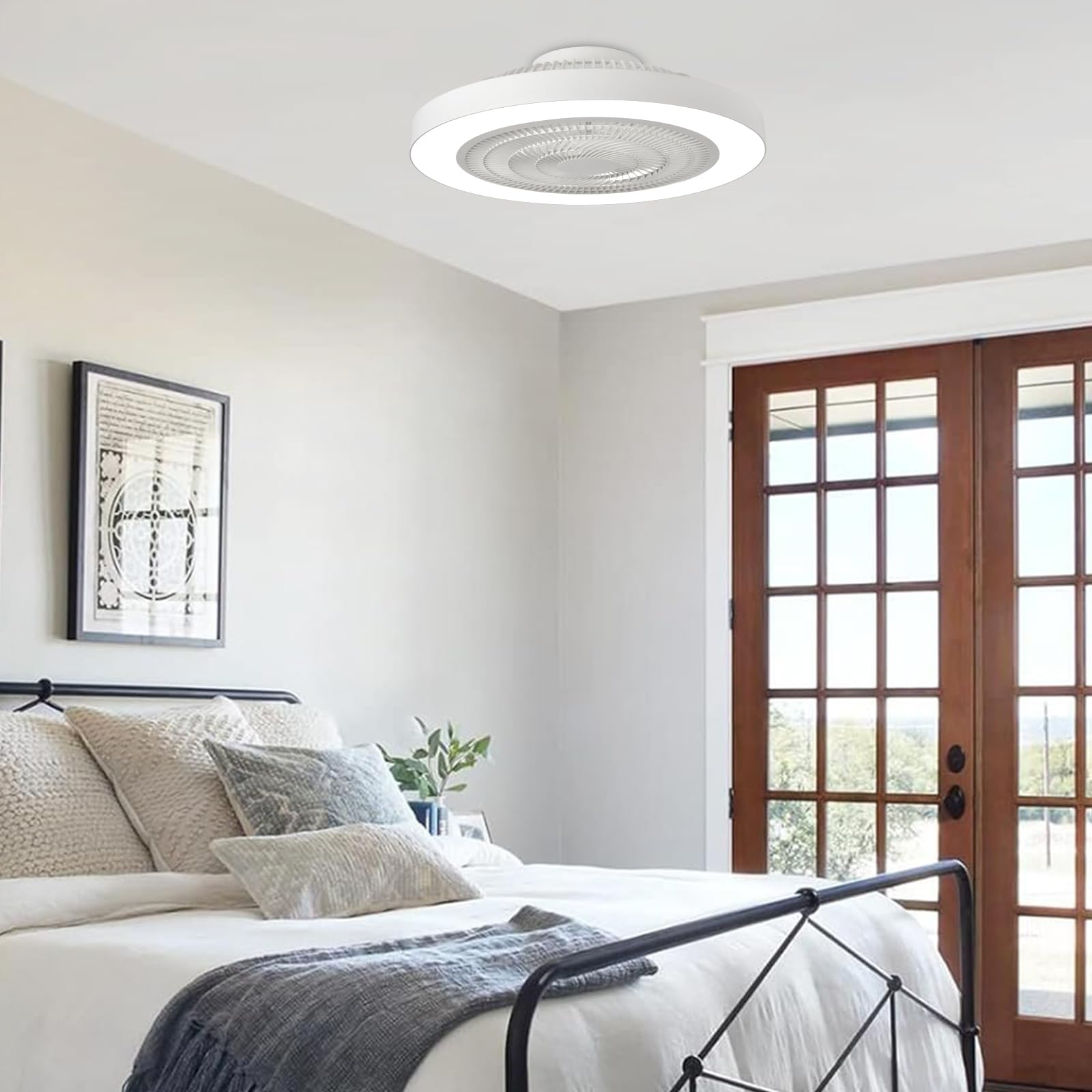 Depuley Ventilador de techo empotrado: Ventiladores de techo LED de perfil bajo de 20 pulgadas con luz para dormitorios - Ventilador sin aspas blanco con control mediante aplicación para cocinas