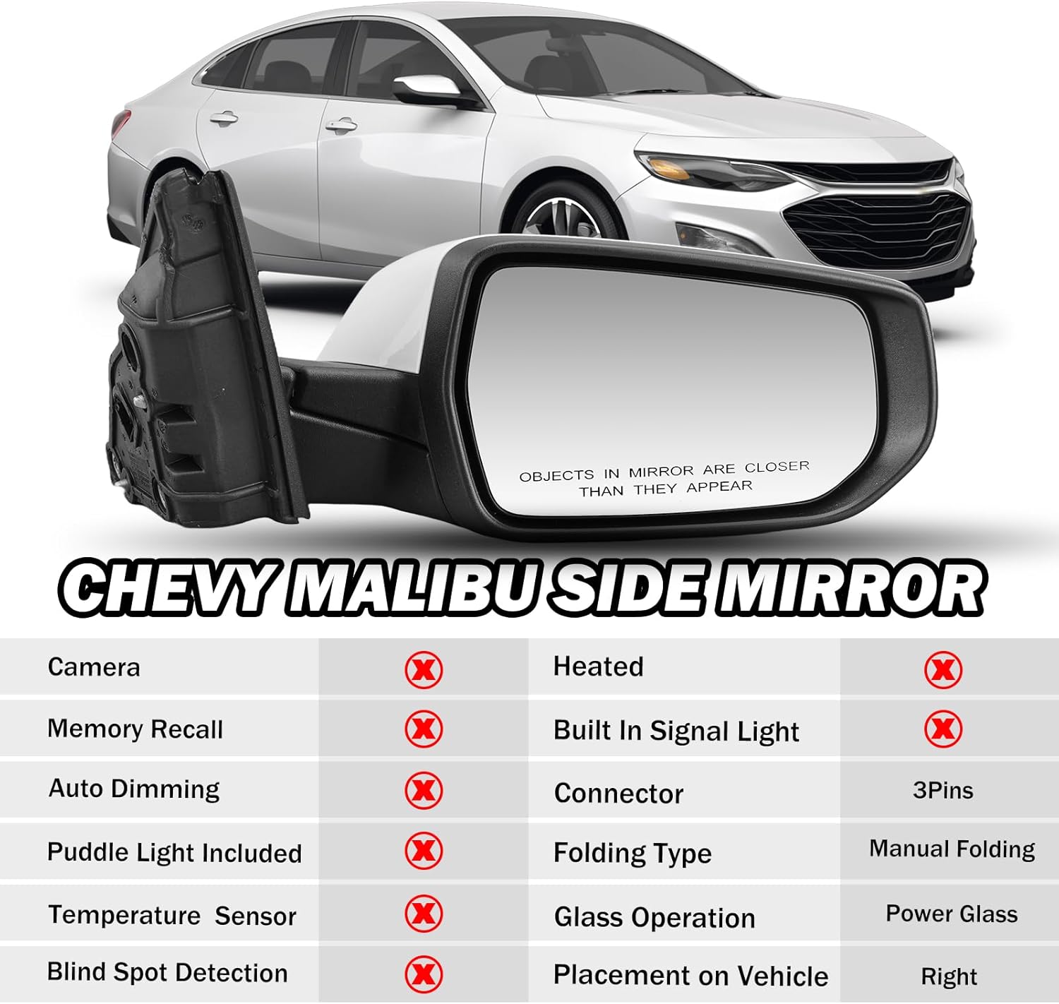 Passenger Side View Mirror Compatible with Chevy Malibu 2016 2017 2018 2019 2020 2021 2022 Mirrors Non Heated Without Signal Light Manual Folding Right(White)