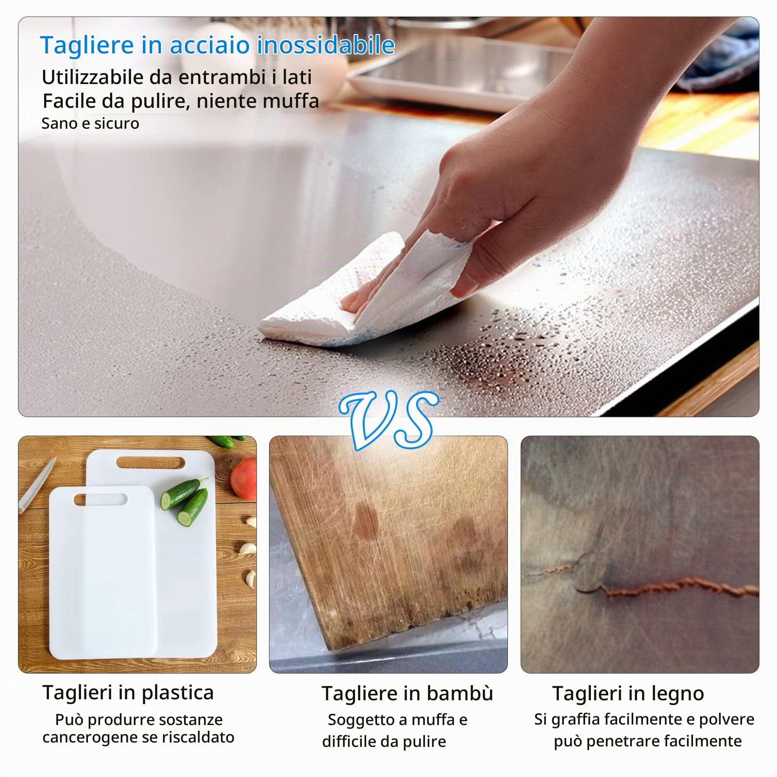 Tagliere Acciaio 316 Inox, 70 x 50cm Spianatoia in Acciaio Inox Tagliere In Acciaio Inox Alimentare Tagliere Da Cucina Acciaio per Cucina Bar Ristorante Impastare
