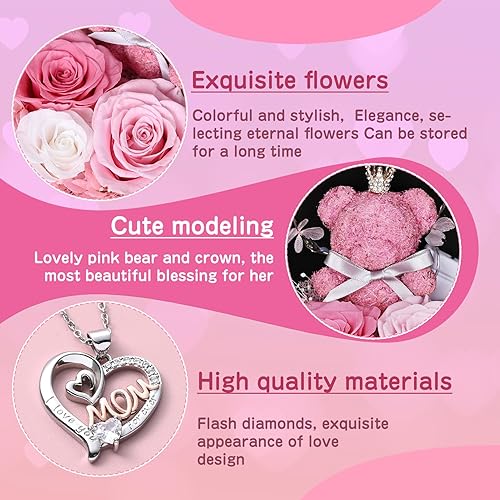 Miniatura 2 de Caja de oso de peluche con flores preservadas, collar con texto en inglés "I Love You" en 100 idiomas para novia, mamá, esposa, abuela, Navidad, San
